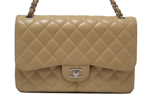 Authentic Chanel Beige Quilted Caviar Leather Classic Jumbo Double Flap Bag