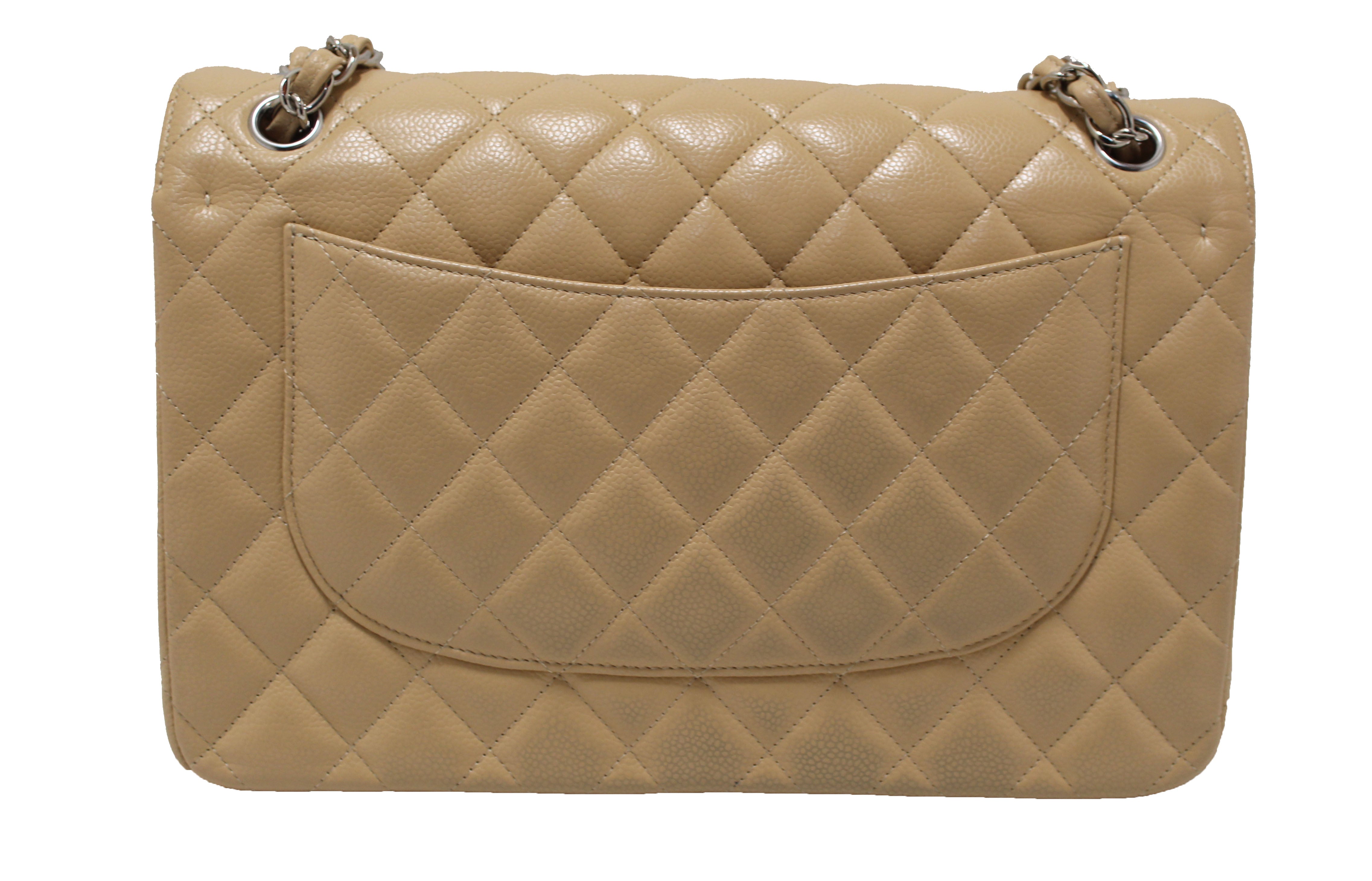 Authentic Chanel Beige Quilted Caviar Leather Classic Jumbo Double Flap Bag