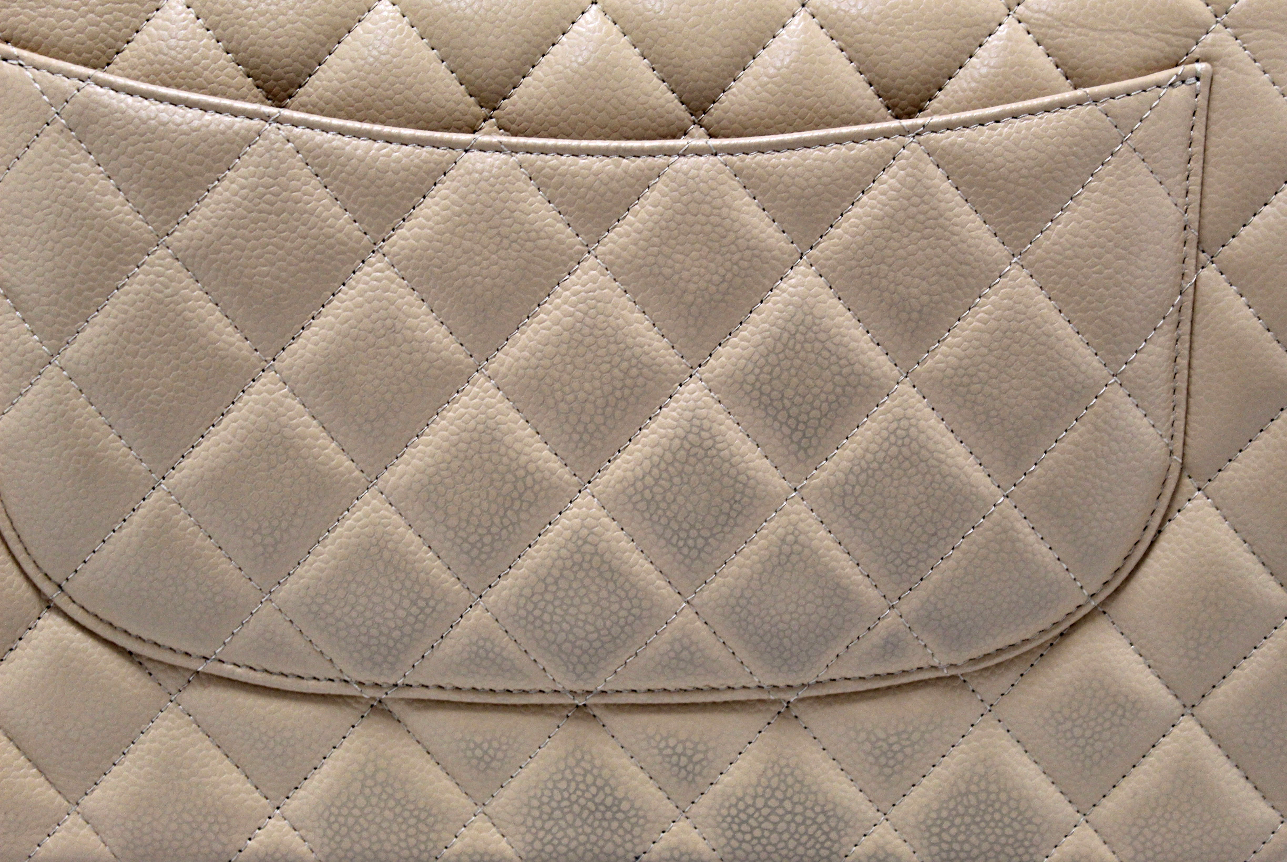 Authentic Chanel Beige Quilted Caviar Leather Classic Jumbo Double Flap Bag