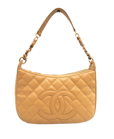 Authentic Chanel Beige Caviar Quilted Leather Hobo Shoulder Bag