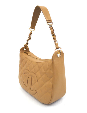 Authentic Chanel Beige Caviar Quilted Leather Hobo Shoulder Bag