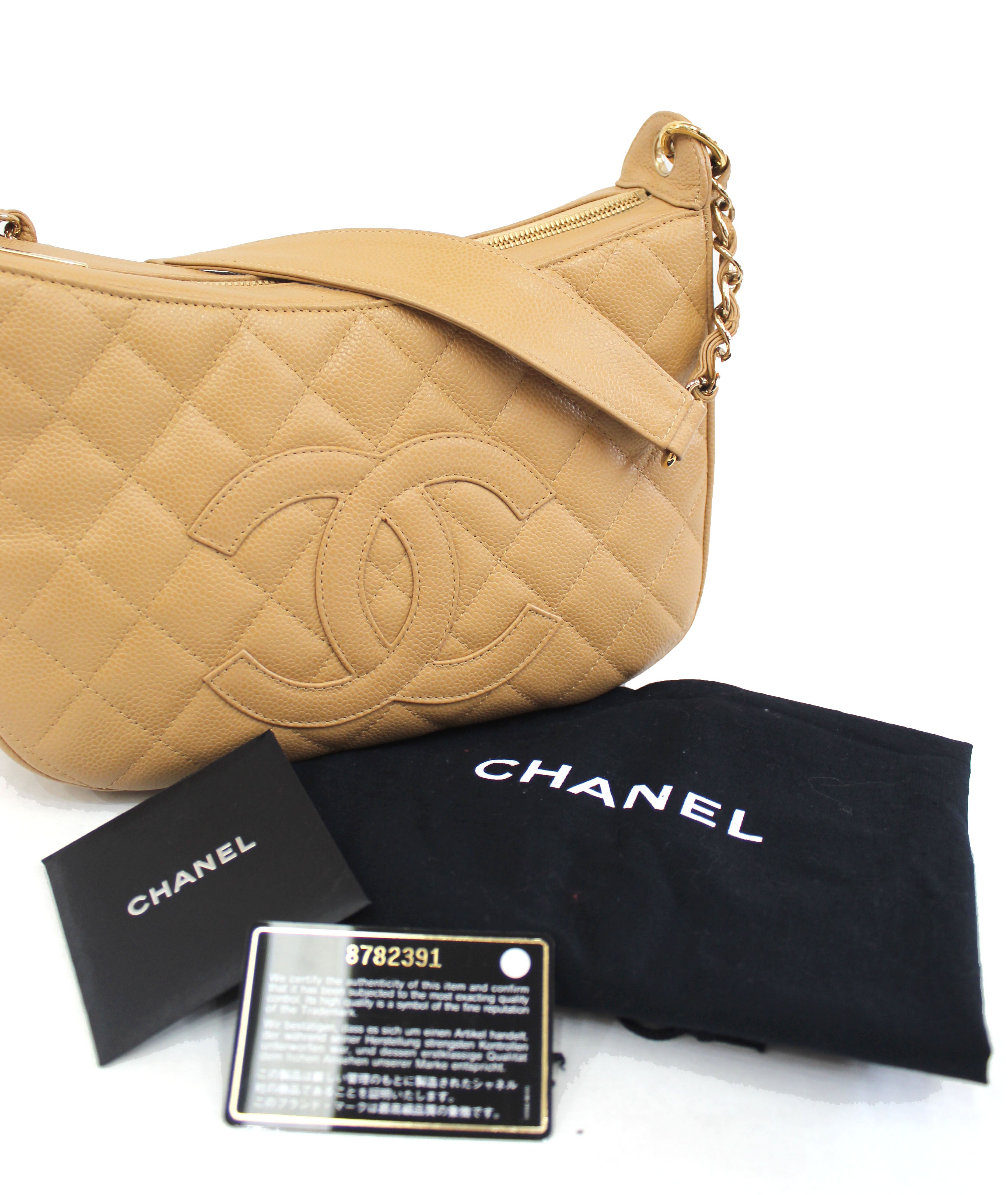 Authentic Chanel Beige Caviar Quilted Leather Hobo Shoulder Bag