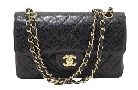 Authentic Chanel Classic Black Caviar Leather Medium Double Flap Bag