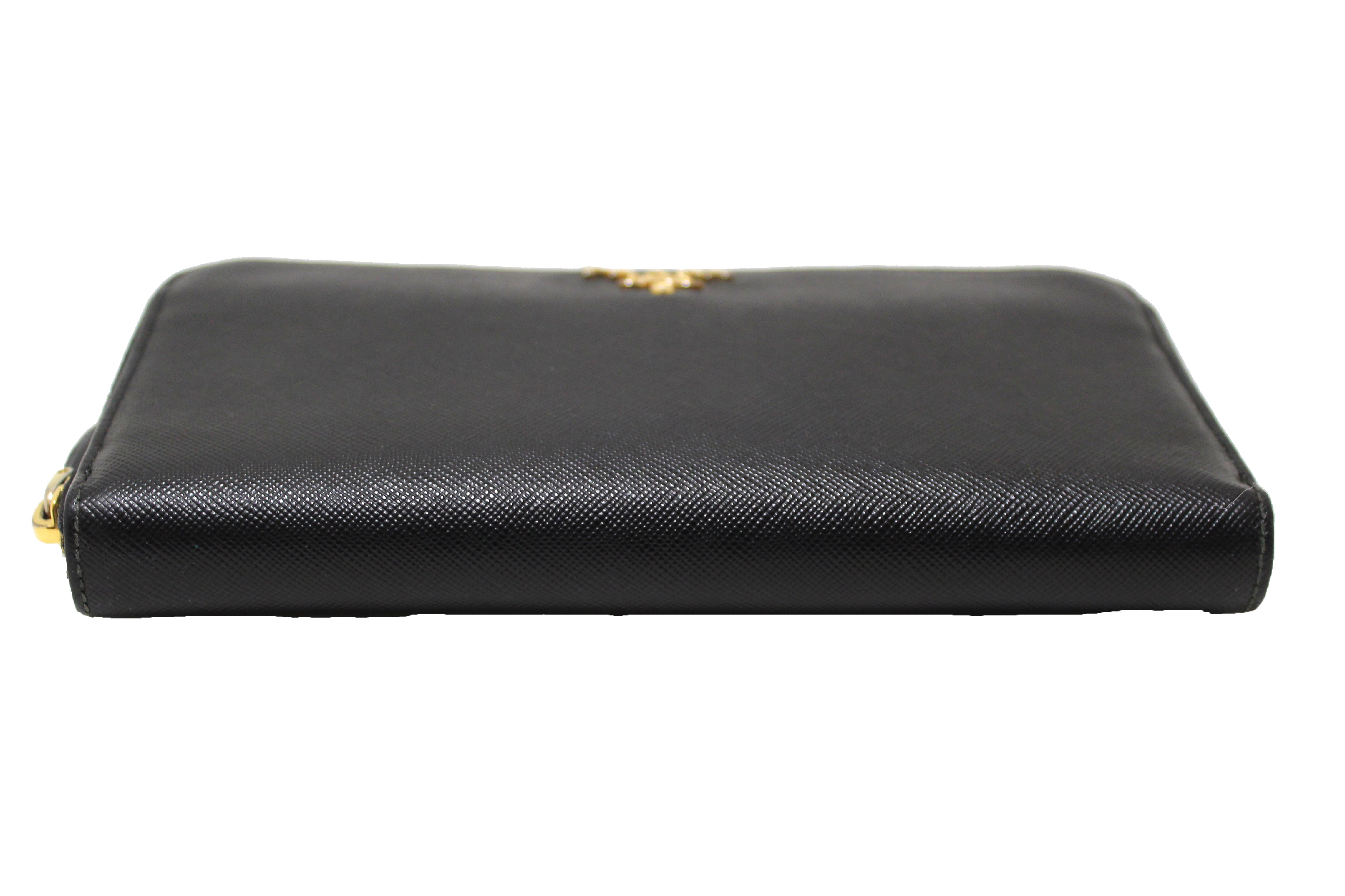 PRADA BLACK Saffiano Leather WALLET Zip Around Authentic! Missing zipper  pull!