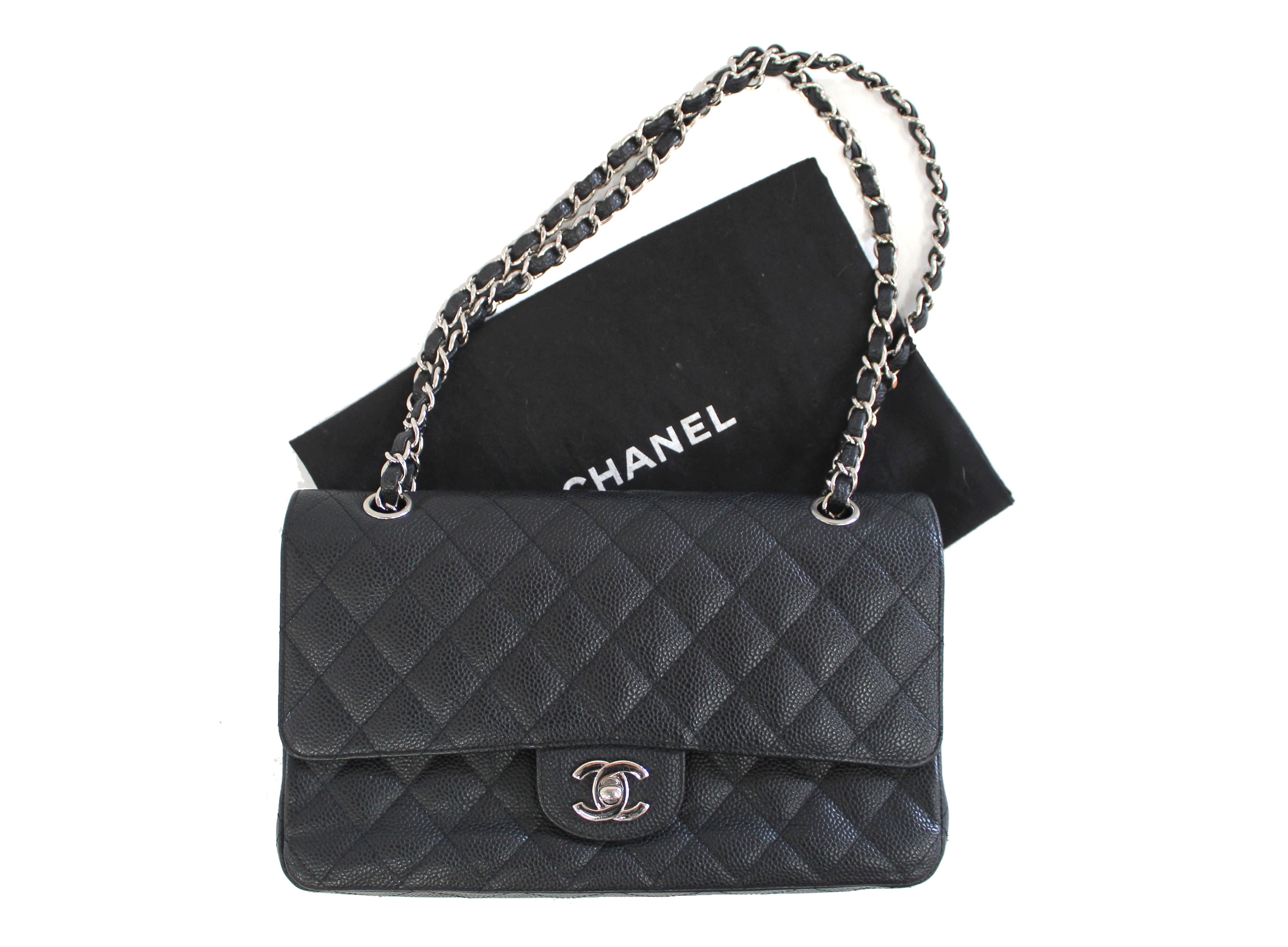 Authentic Chanel Classic Black Caviar Leather Medium Double Flap