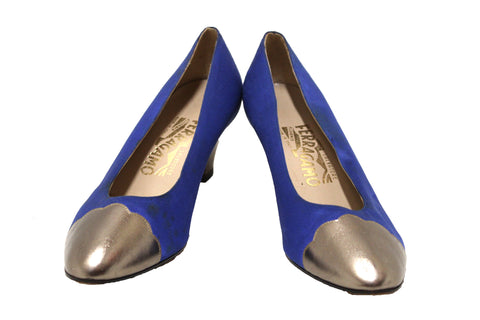 Authentic Salvatore Ferragamo Satin Blue with Grey Metallic Leather Pumps Size 7B