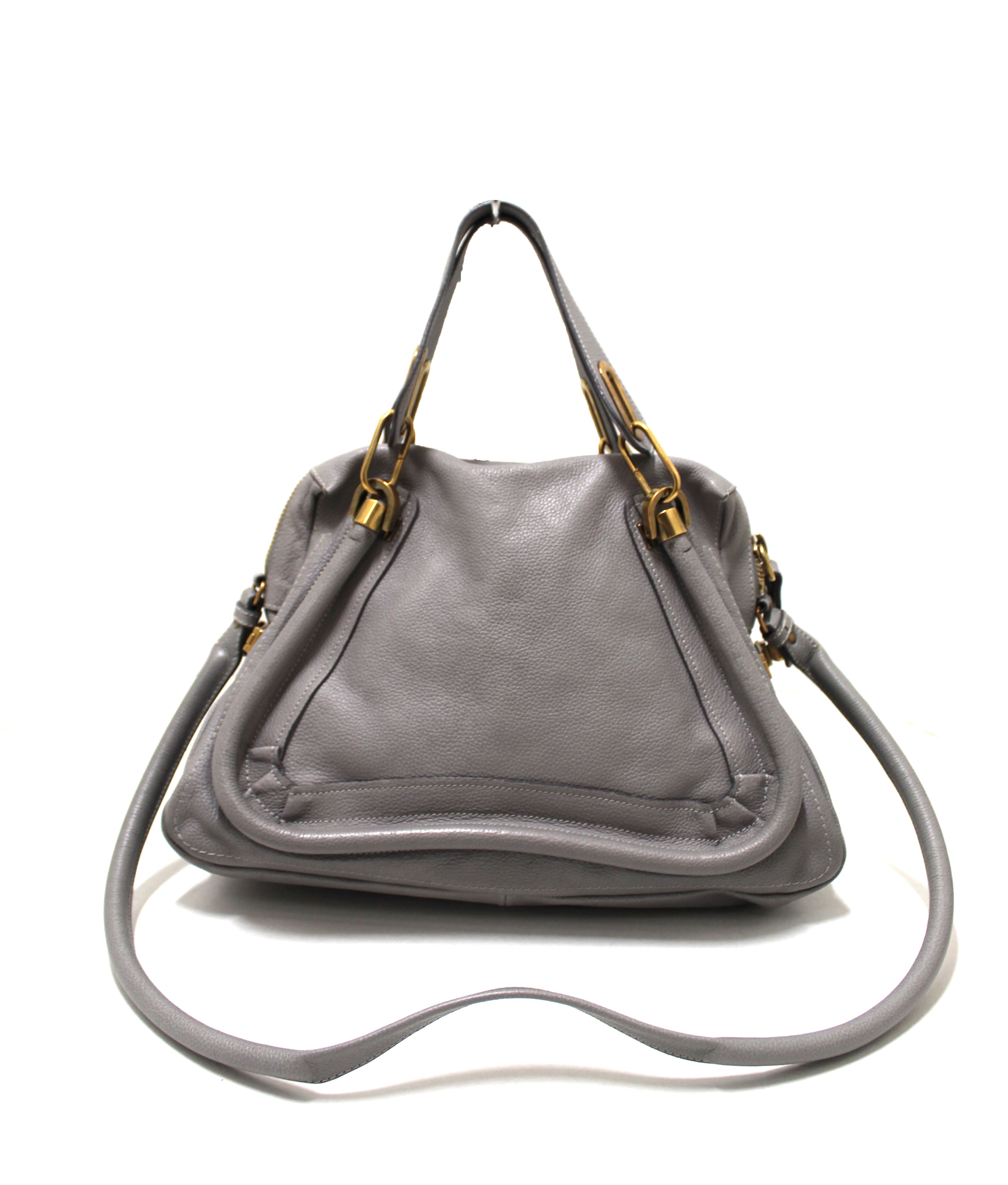 Authentic Chloe Paraty Grey Calfskin Leather Medium Shoulder Bag