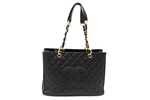 Authentic Chanel Black Quilted Caviar Leather Grand Shopper Tote Shoulder Bag