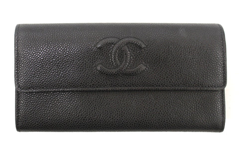 Authentic Chanel Black Caviar Leather CC Long Flap Wallet