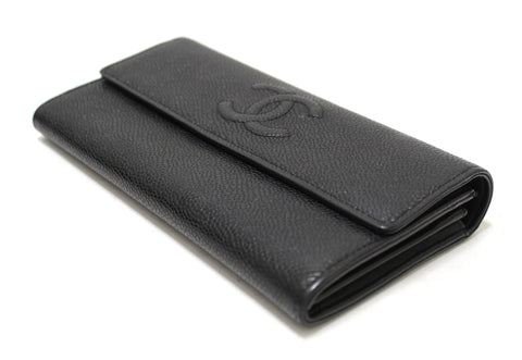 Authentic Chanel Black Caviar Leather CC Long Flap Wallet