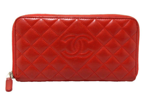 Authentic Chanel Red Quilted Lambskin Leather Zippy Wallet