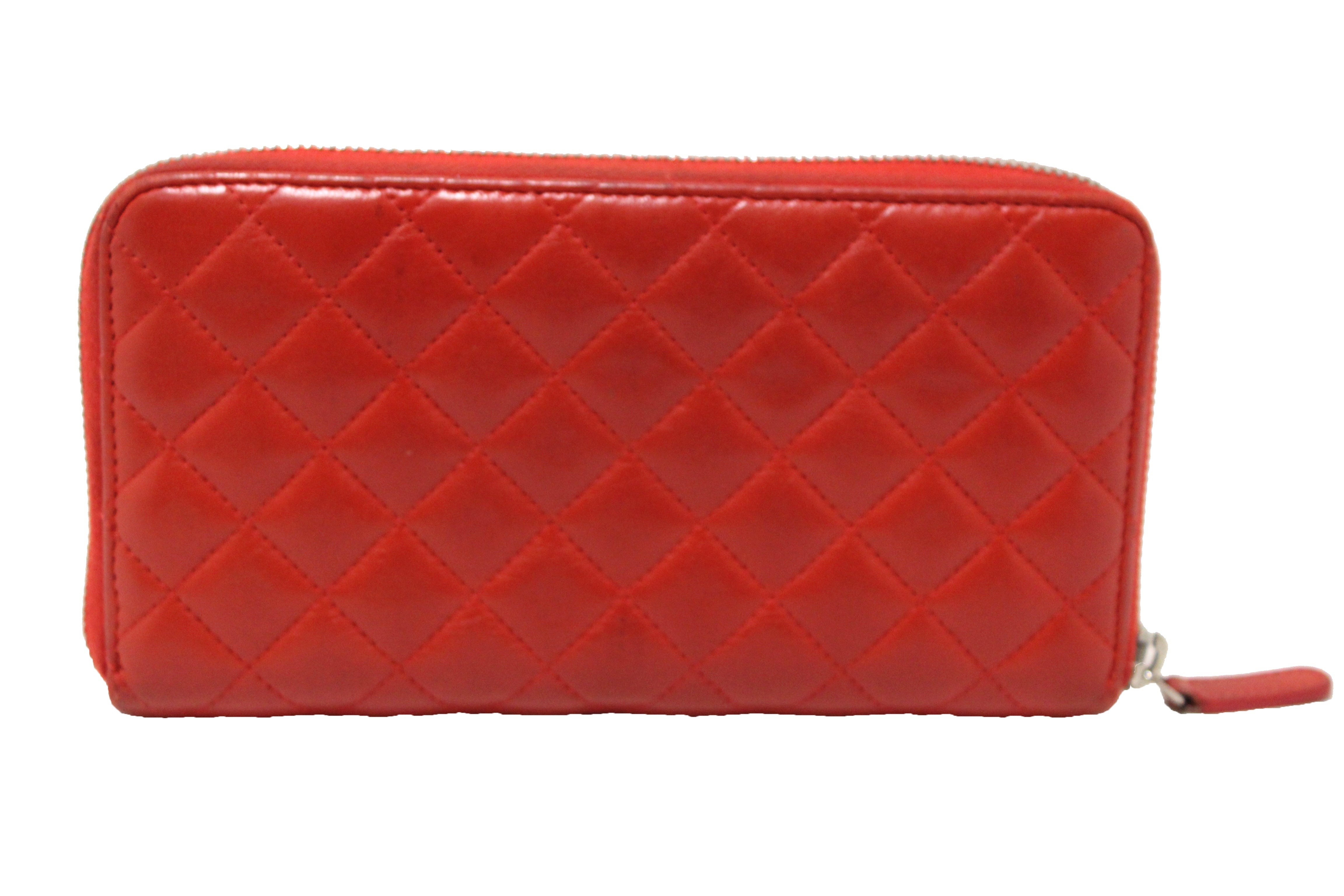Authentic Chanel Red Quilted Lambskin Leather Zippy Wallet