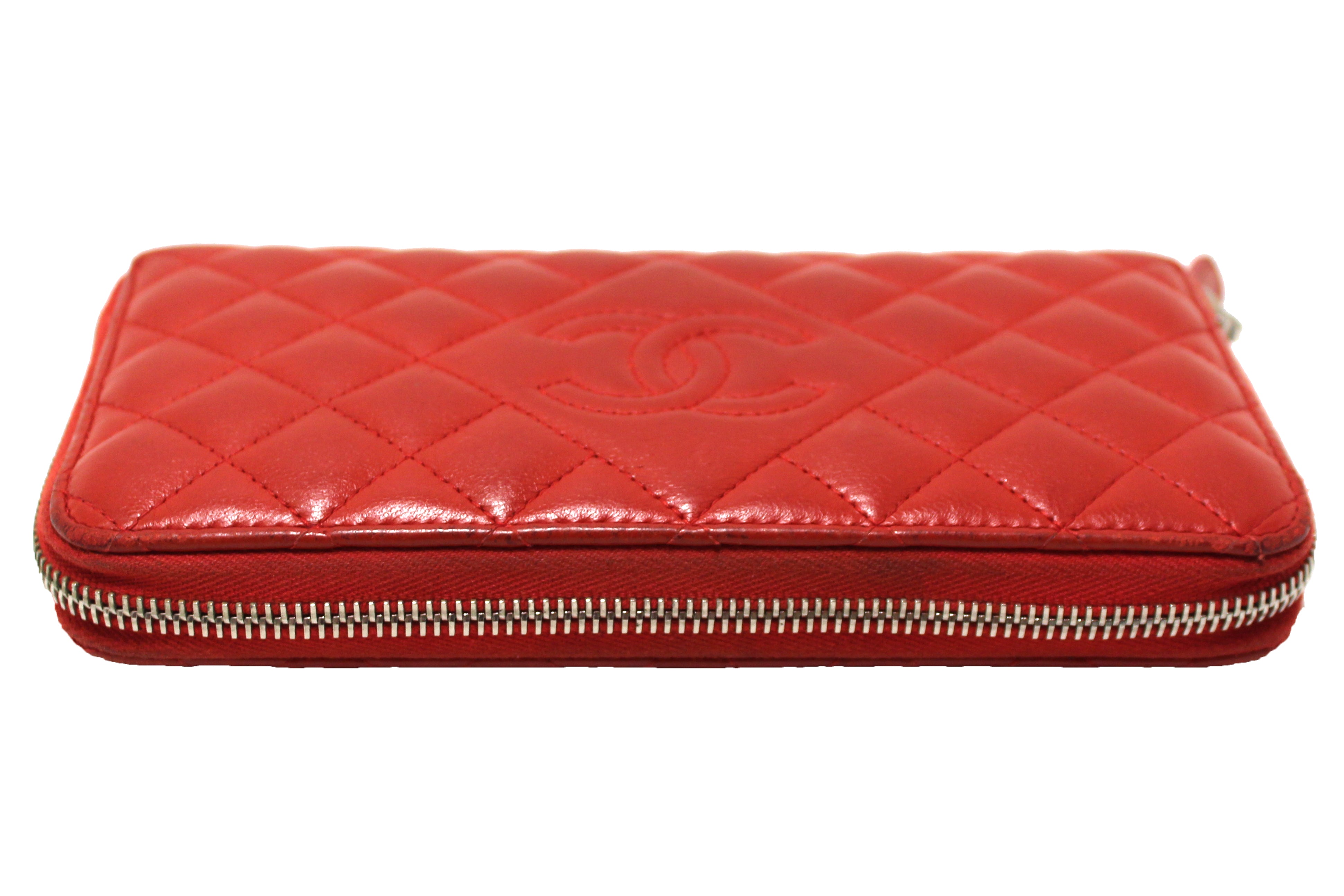 Authentic Chanel Red Quilted Lambskin Leather Zippy Wallet