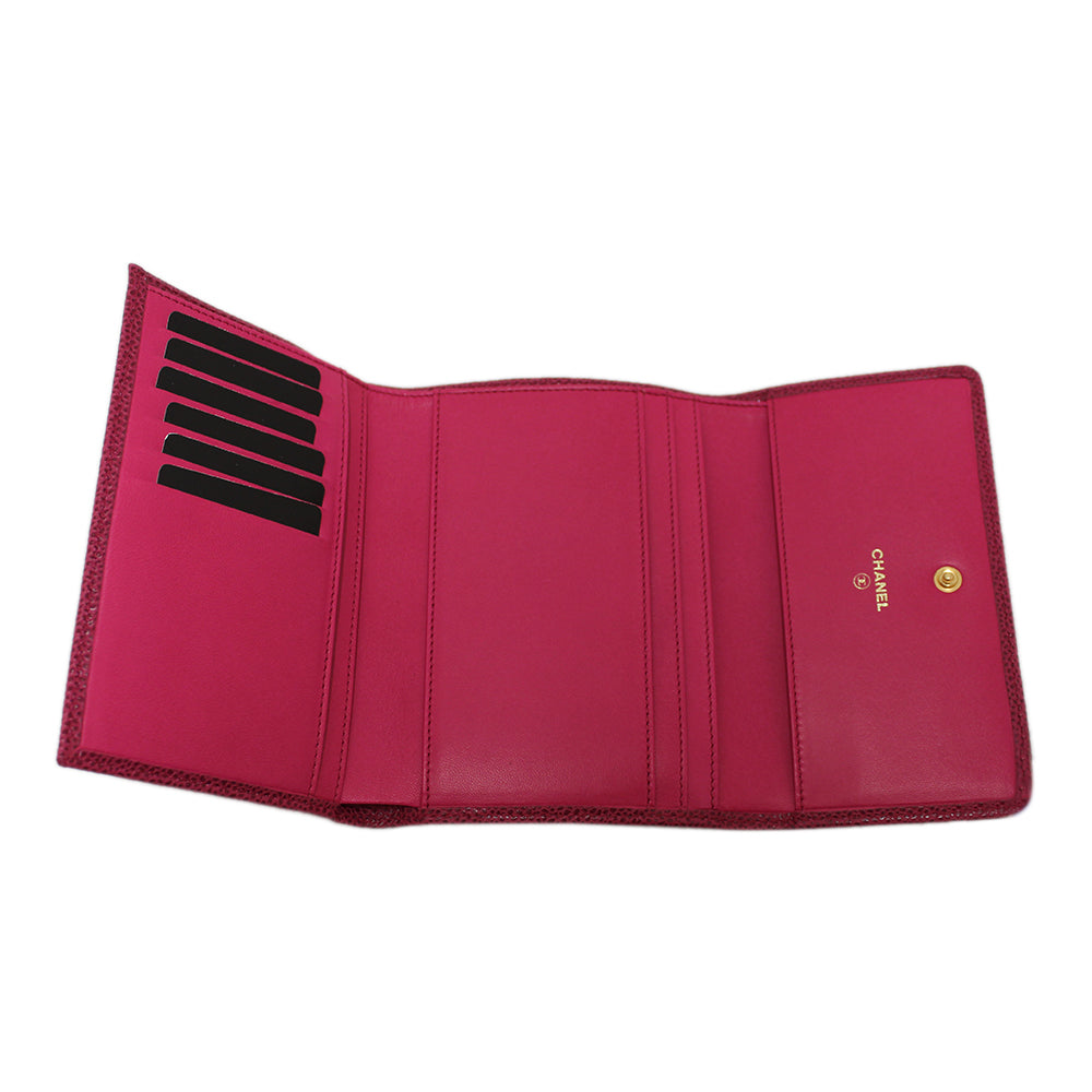 Authentic New Chanel Fuchsia Pink Caviar Leather Classic CC Timeless Medium Trifold Wallet