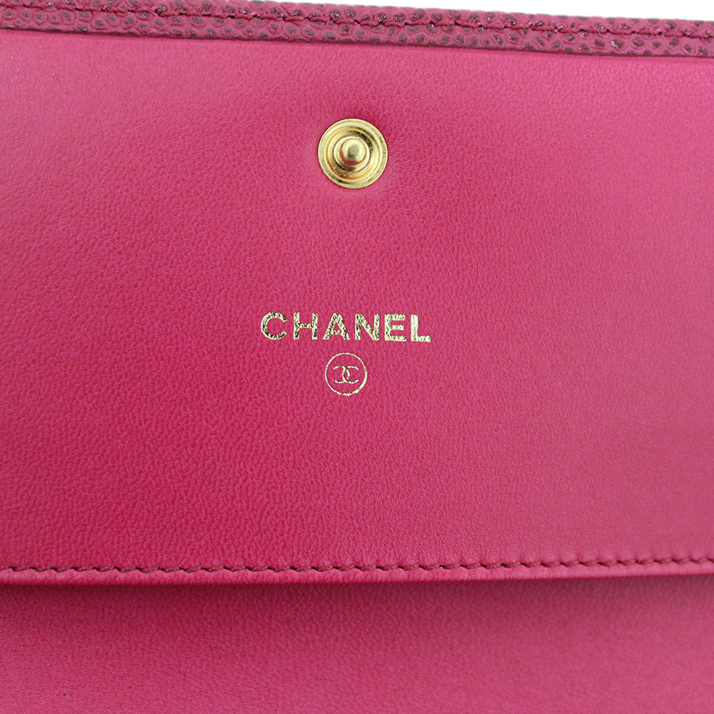 Authentic New Chanel Fuchsia Pink Caviar Leather Classic CC Timeless Medium Trifold Wallet