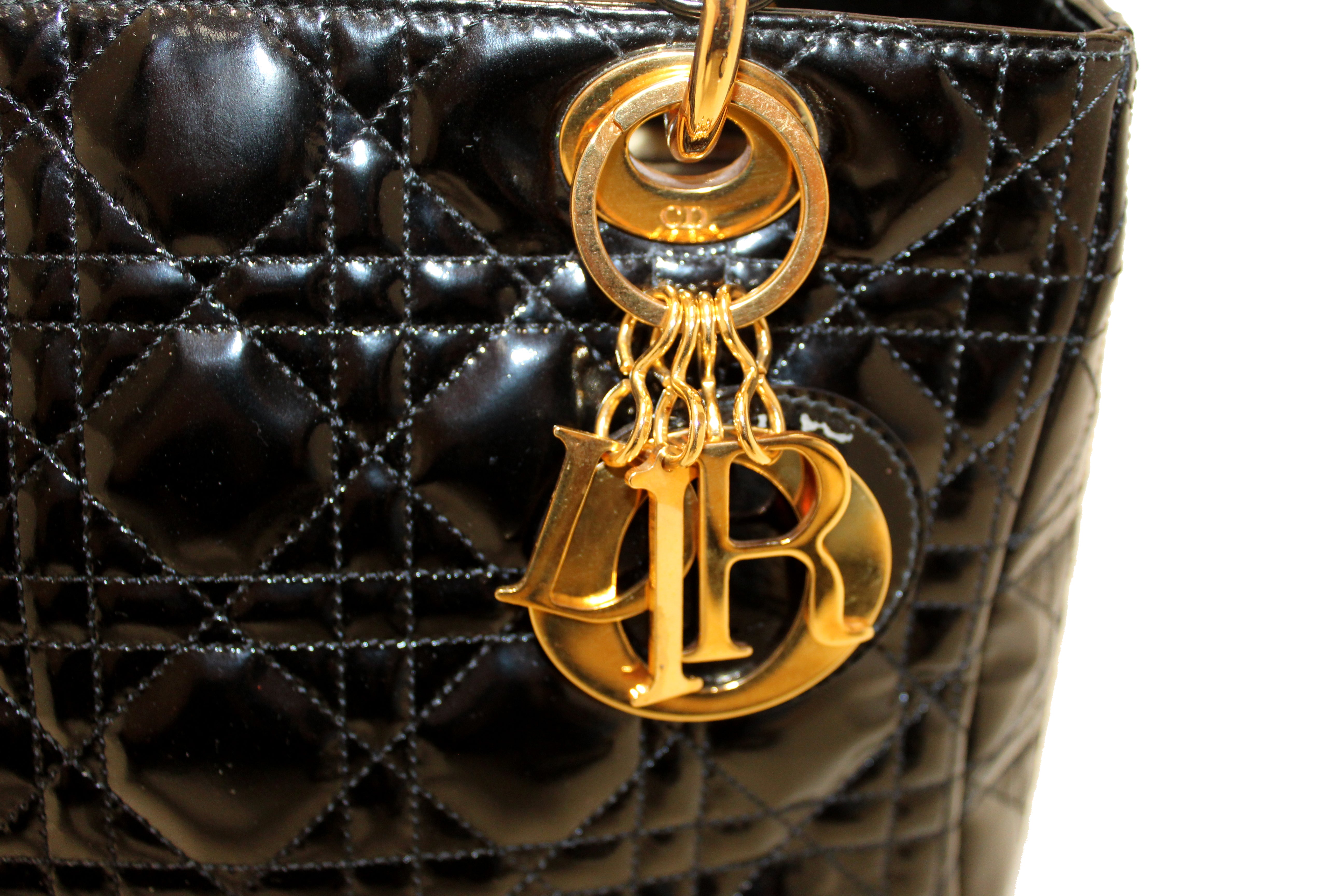 Authentic Christian Dior Black Patent Cannage Medium Lady Dior