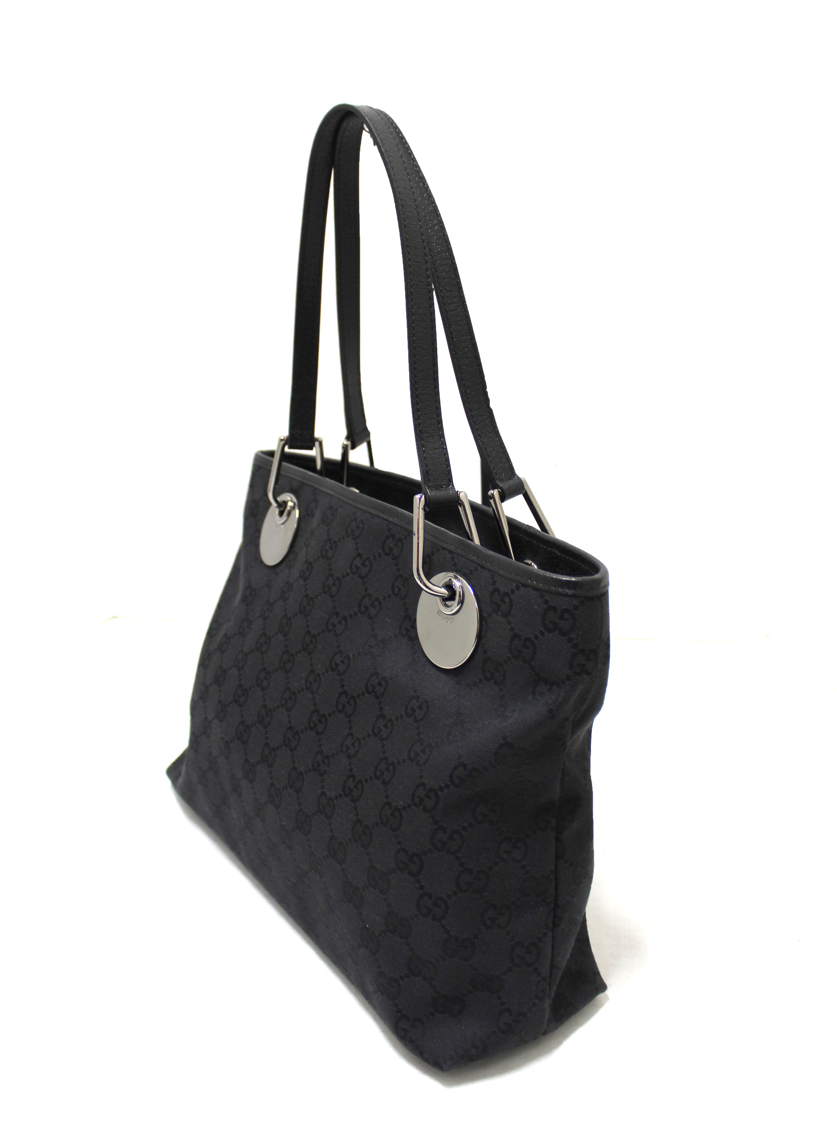 Authentic Gucci Black Canvas GG Monogram Shoulder Tote Bag
