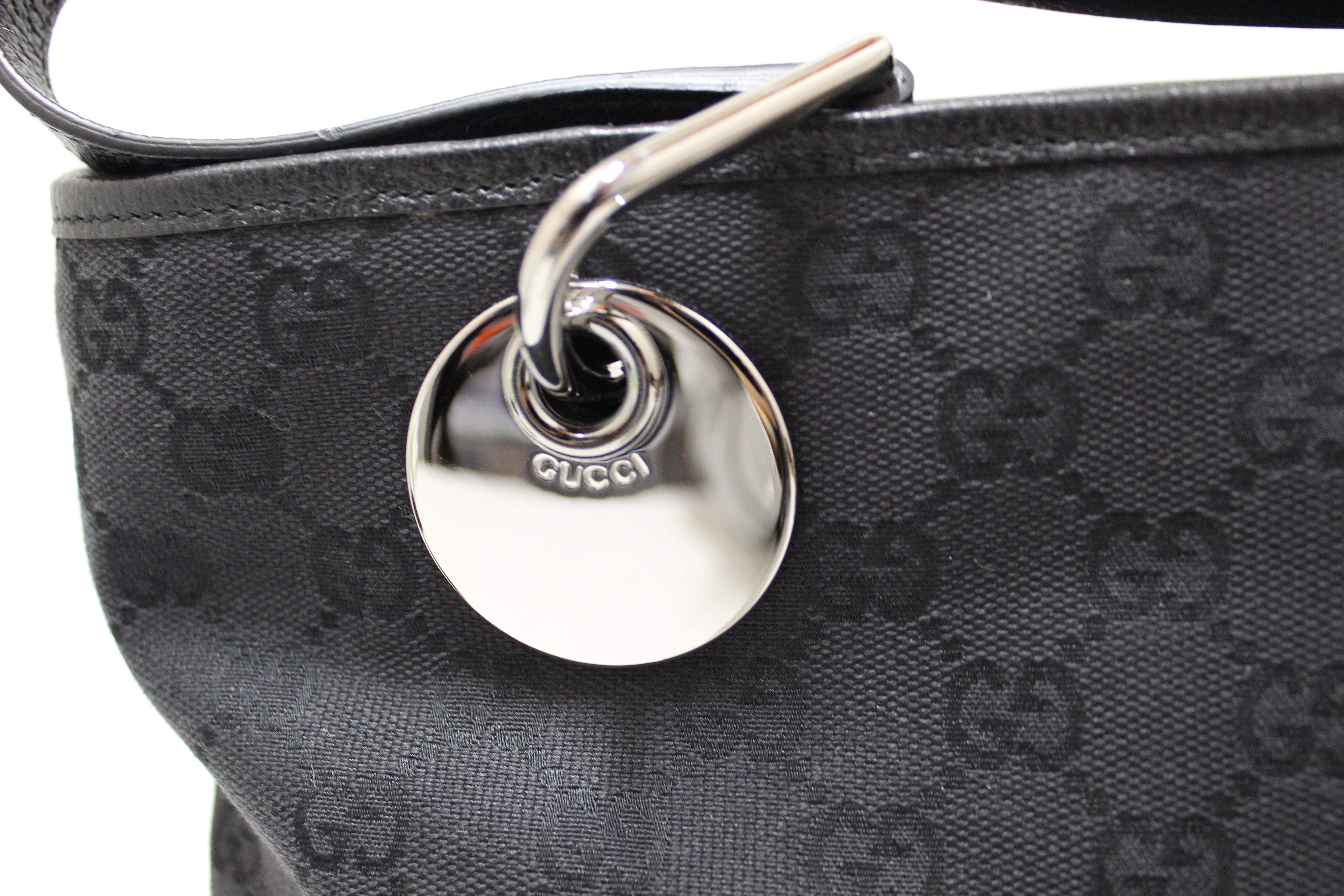 Authentic Gucci Black Canvas GG Monogram Shoulder Tote Bag