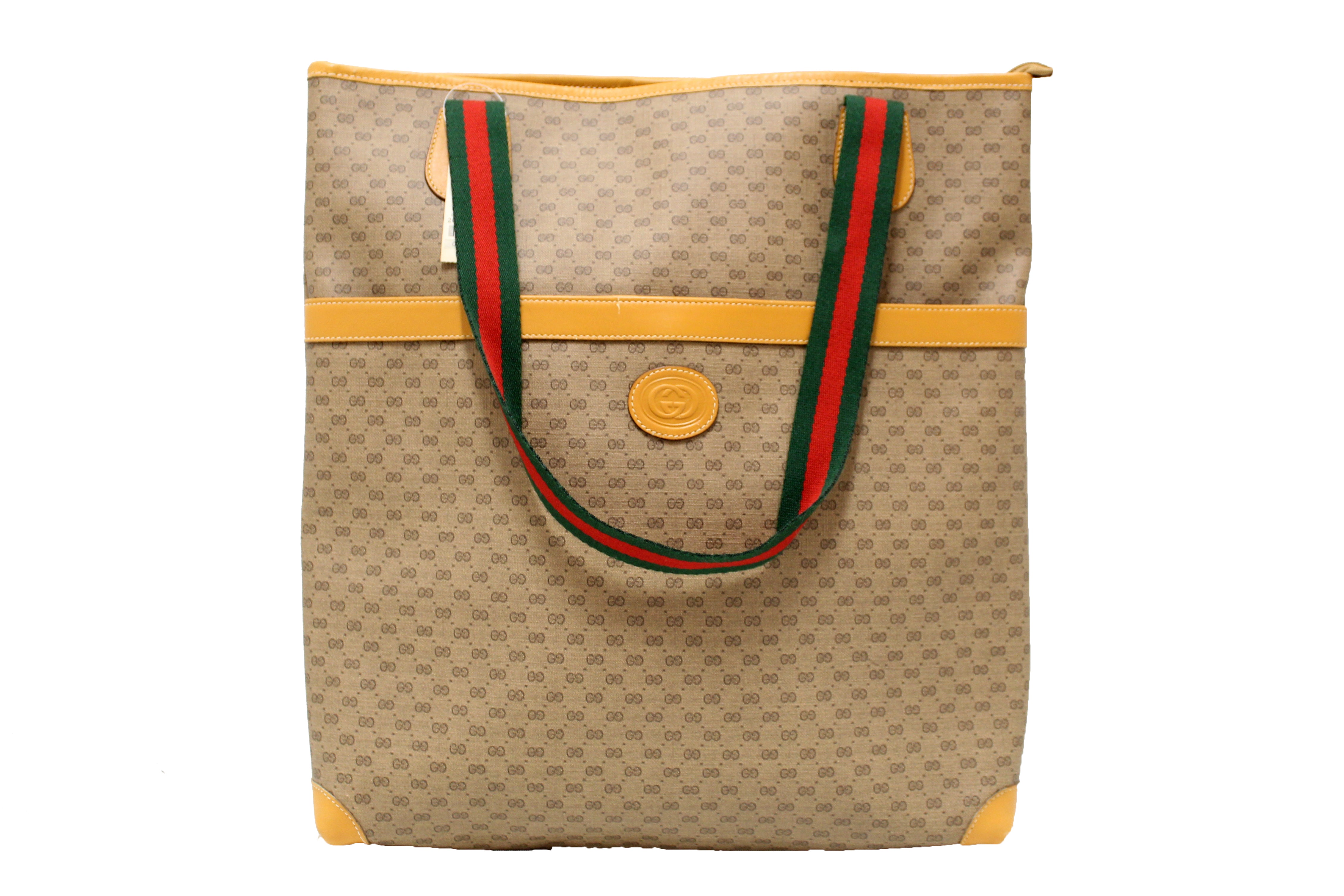 Authentic Gucci Vintage Brown GG Canvas with Web Stripes Strap Tote Bag