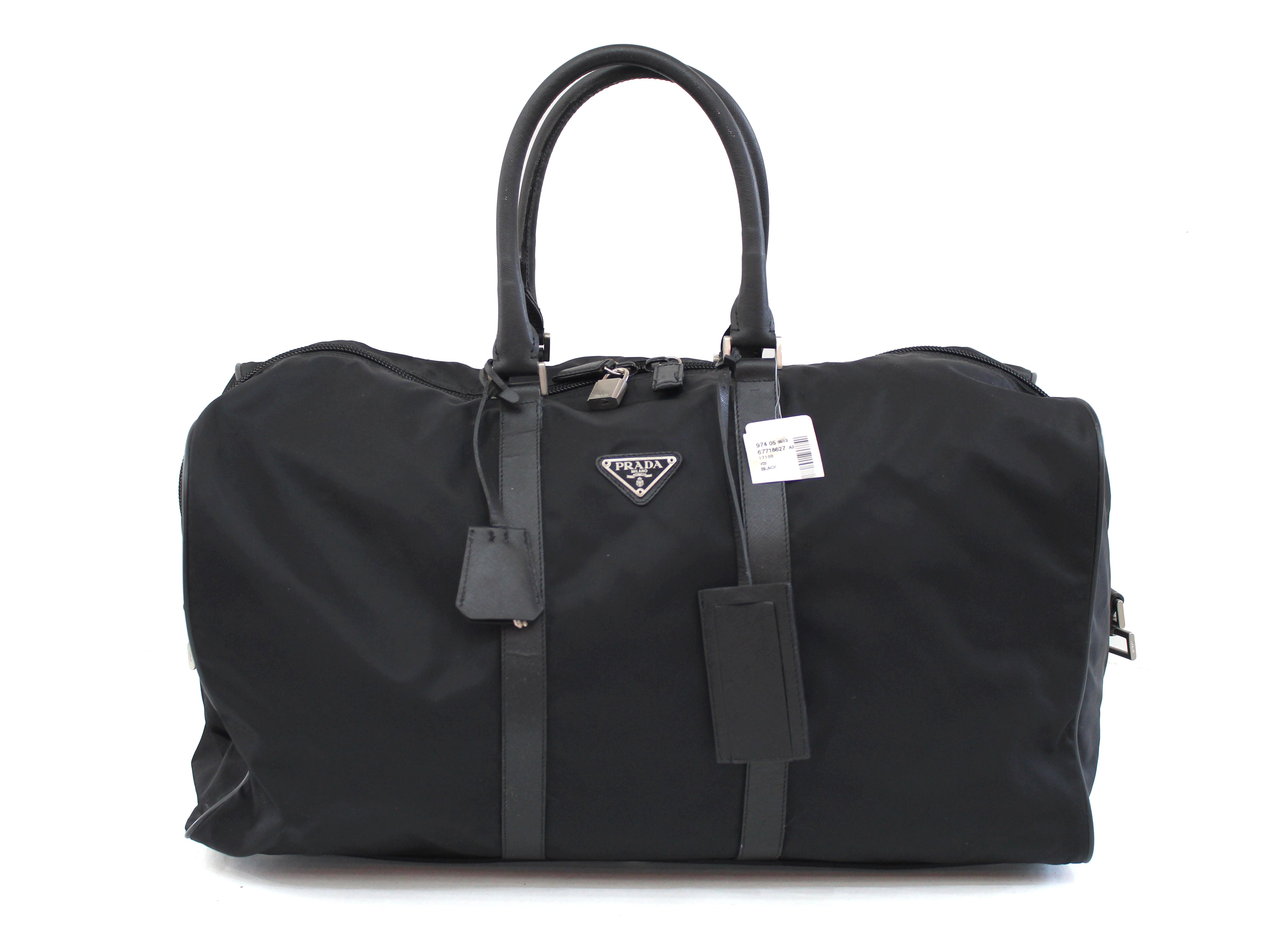 Authentic Prada Black Nylon and Saffiano Leather Duffle Travel Carry On Bag