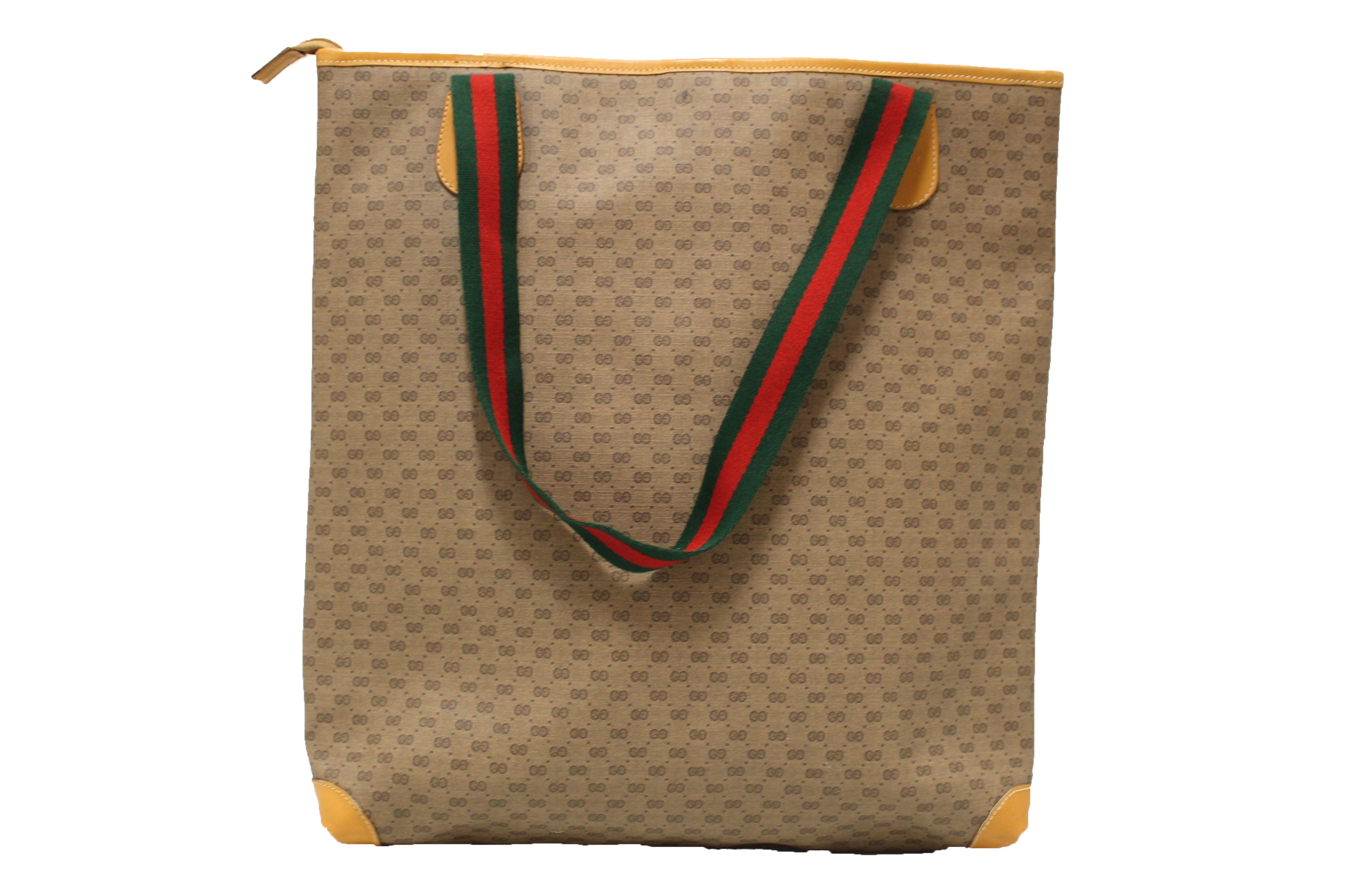 Authentic Gucci Vintage Brown GG Canvas with Web Stripes Strap Tote Bag
