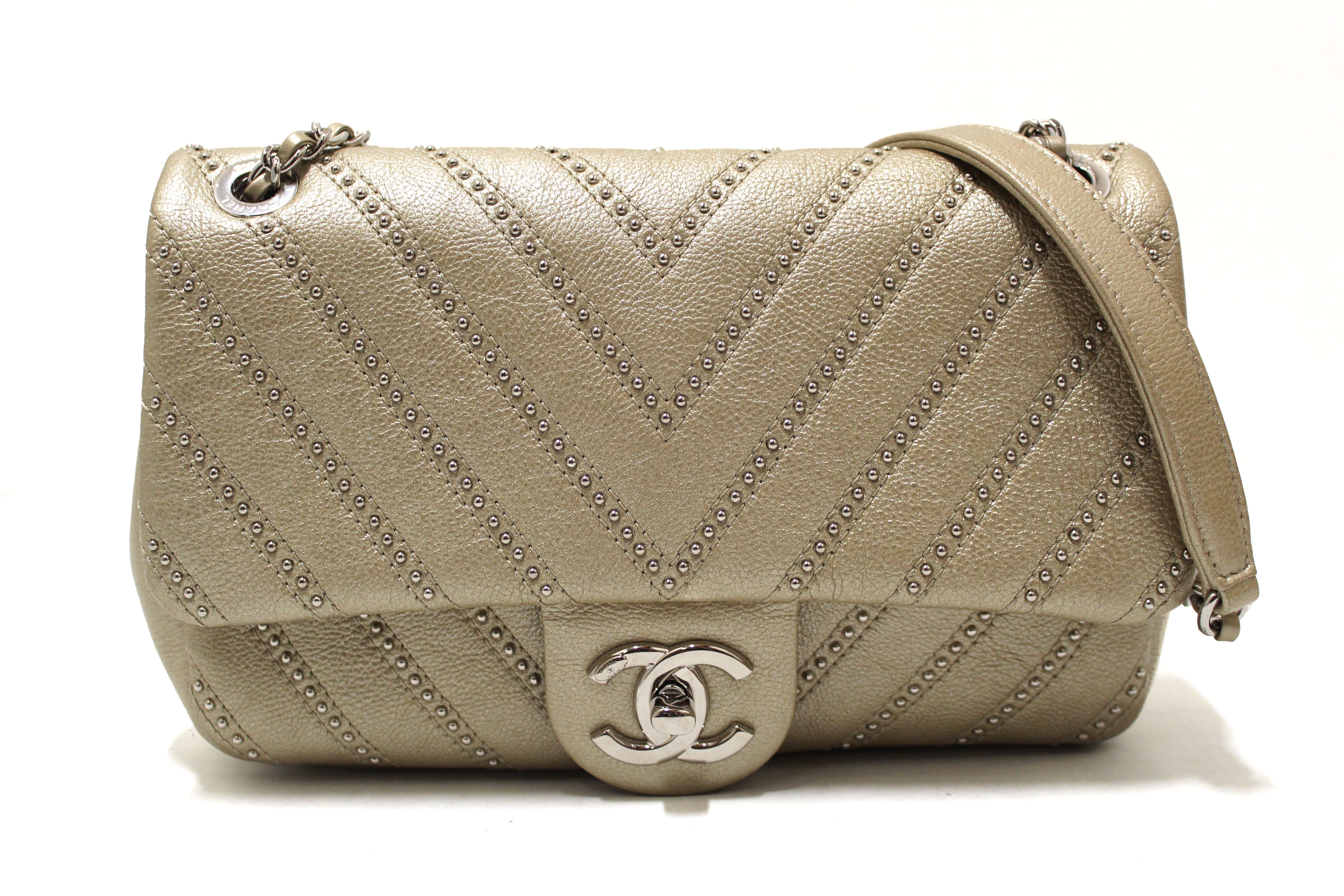 Authentic Chanel Gold Studs Calfskin Leather Mini Chevron Quilted Classic  Shoulder Bag
