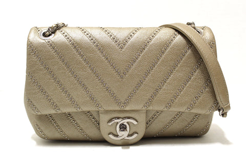 Authentic Chanel Gold Studs Calfskin Leather Mini Chevron Quilted Classic Shoulder Bag