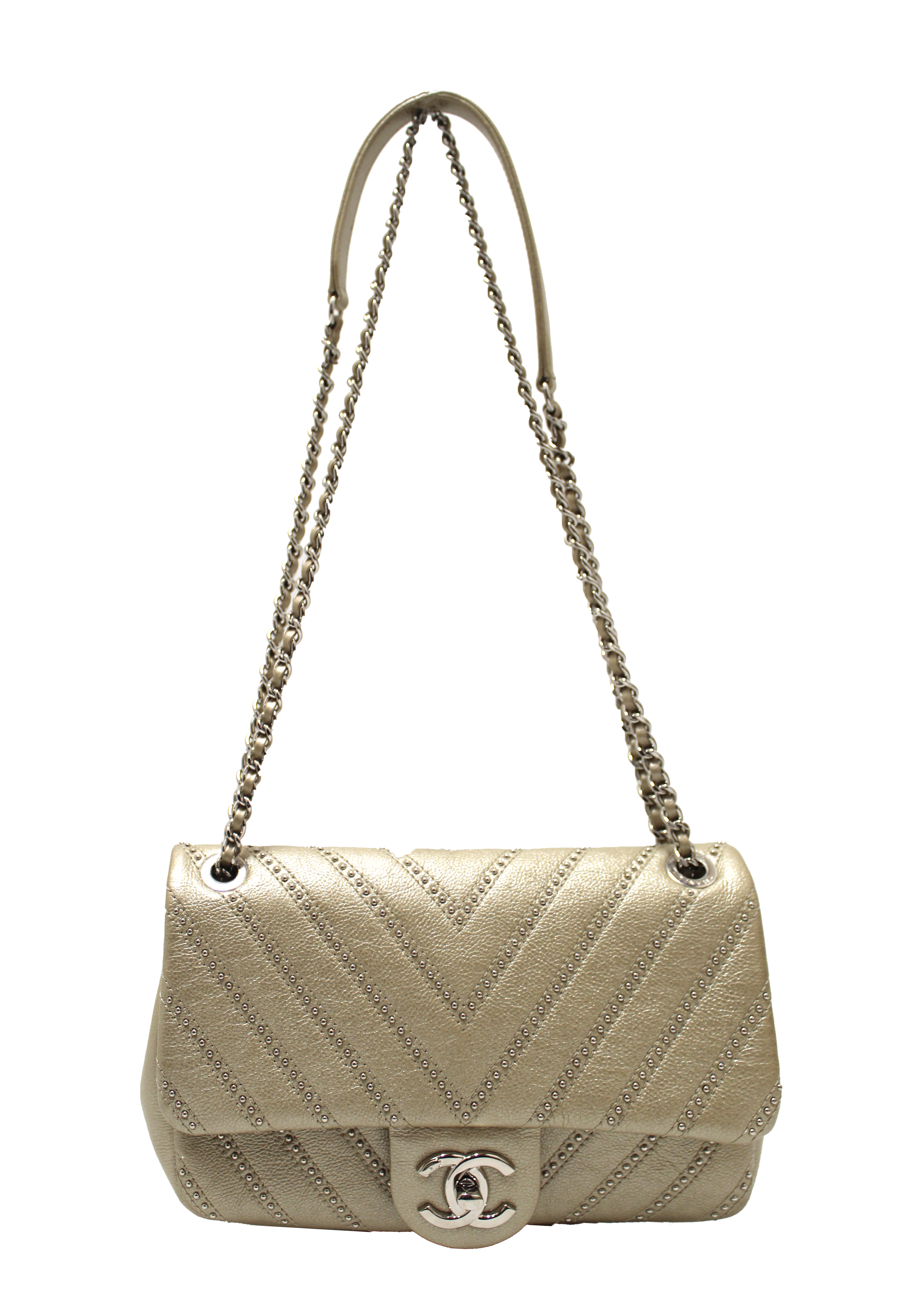 Authentic Chanel Gold Studs Calfskin Leather Mini Chevron Quilted Classic Shoulder Bag