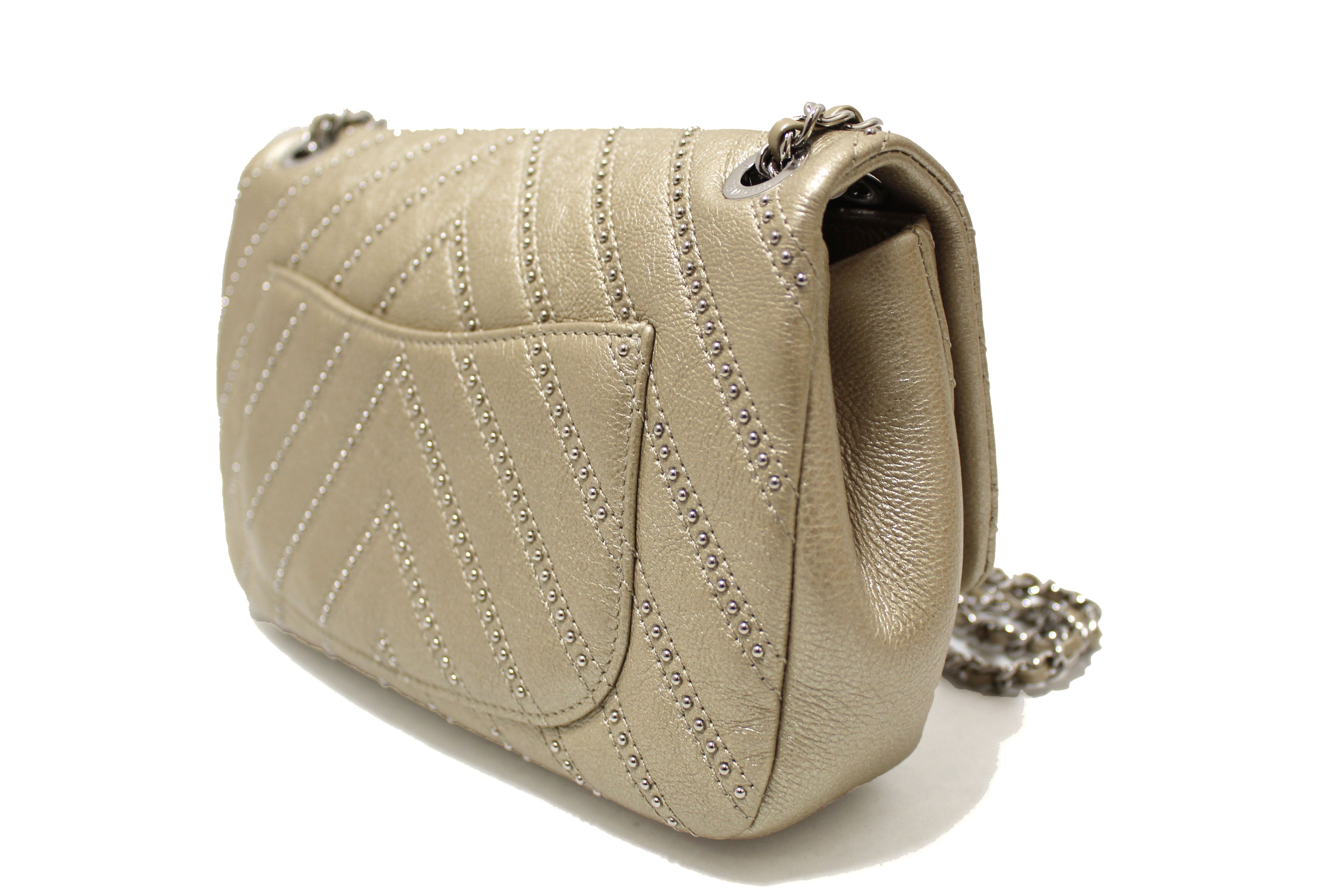 Authentic CHANEL Beige Calfskin Double Flap Shoulder Bag Silver Hardware