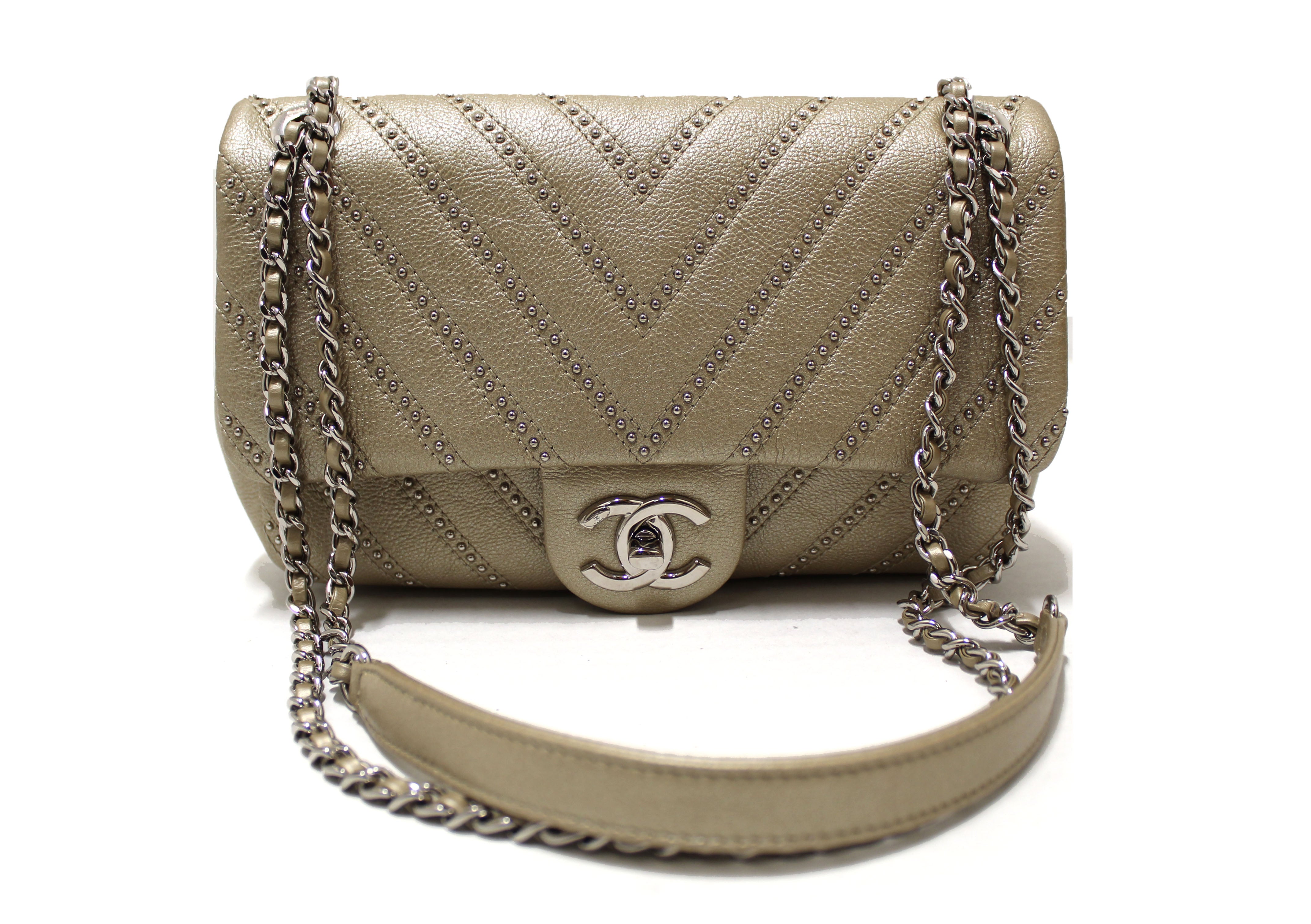 Authentic Chanel Gold Studs Calfskin Leather Mini Chevron Quilted Classic Shoulder Bag