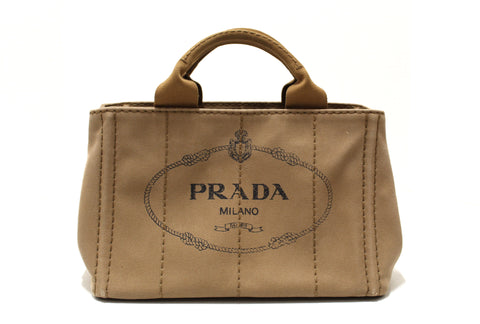 Authentic Prada Brown Small Canapa Canvas Tote Bag with Long Strap