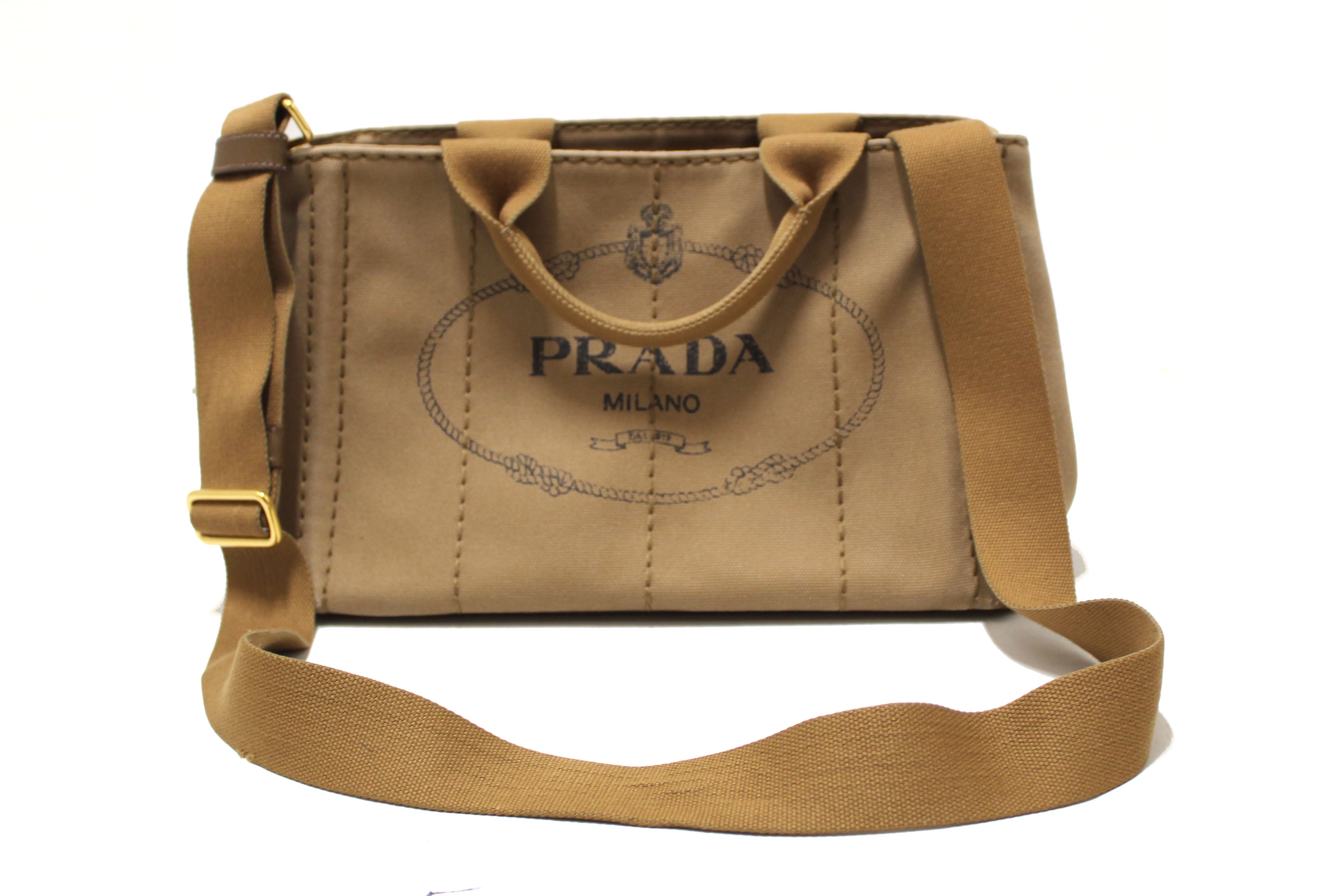 Authentic Prada Brown Small Canapa Canvas Tote Bag with Long Strap