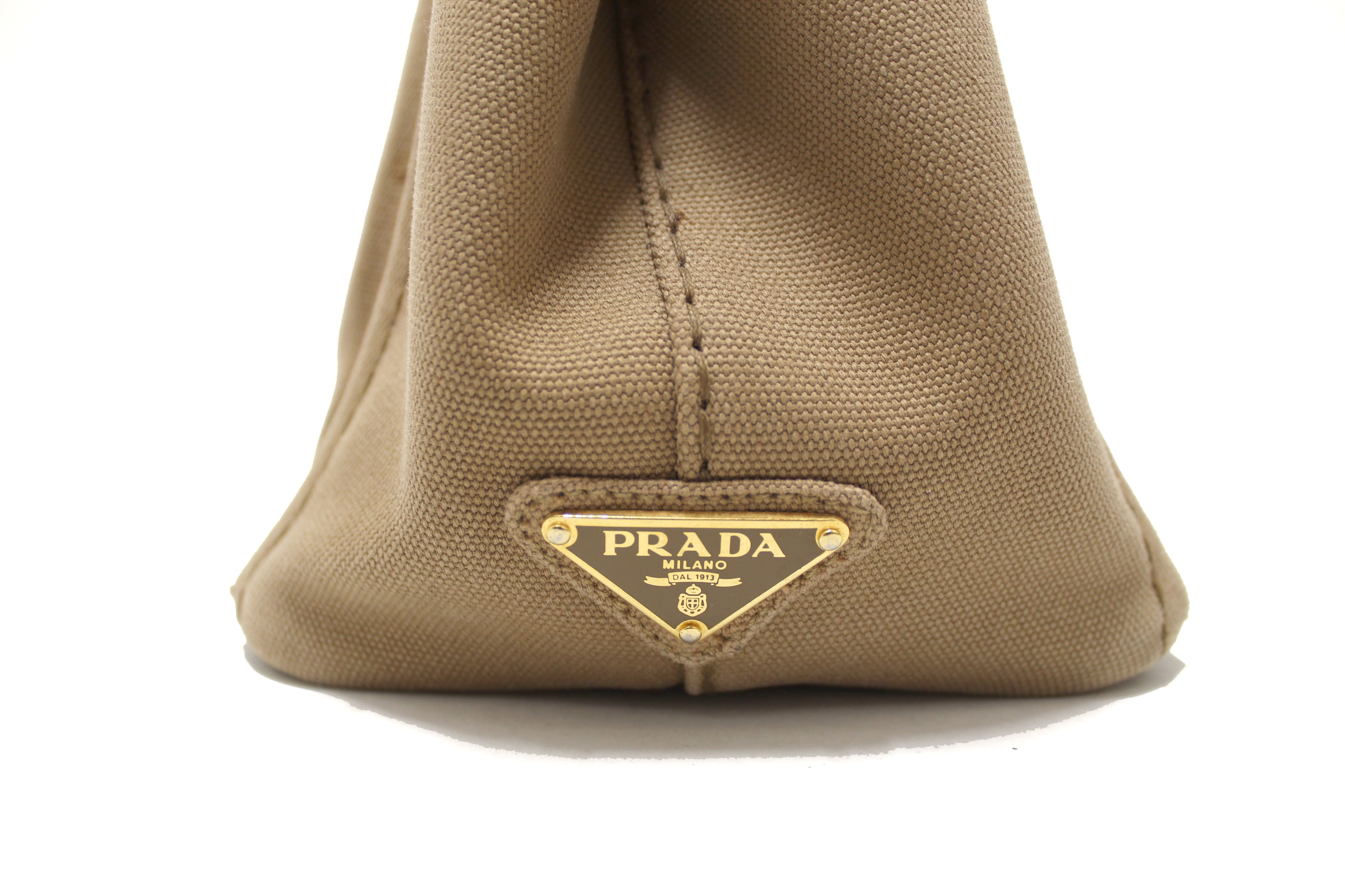Authentic Prada Brown Small Canapa Canvas Tote Bag with Long Strap