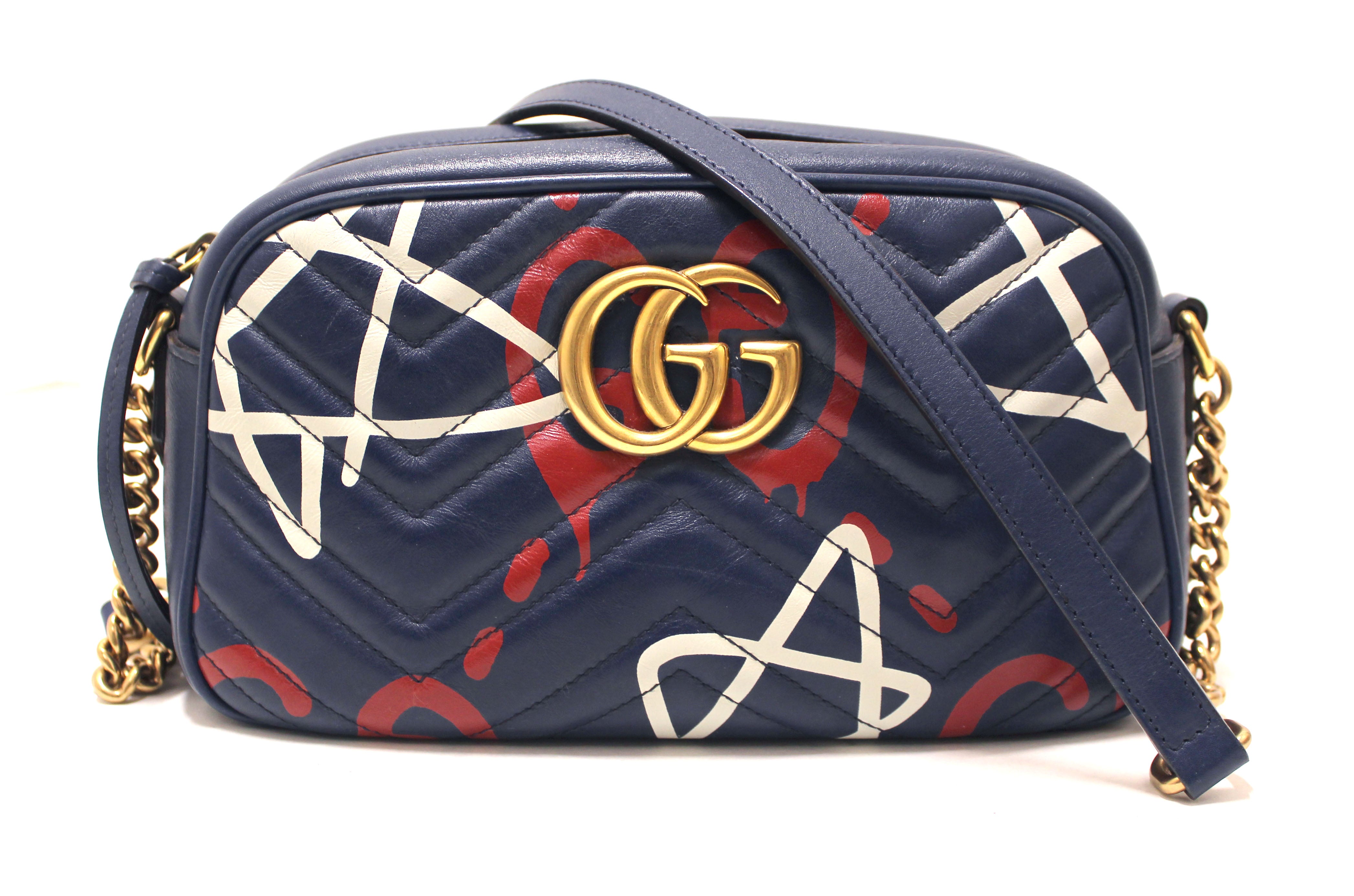 Authentic Gucci Blue Ghost Print Marmont 447632 Messenger Crossbody Bag