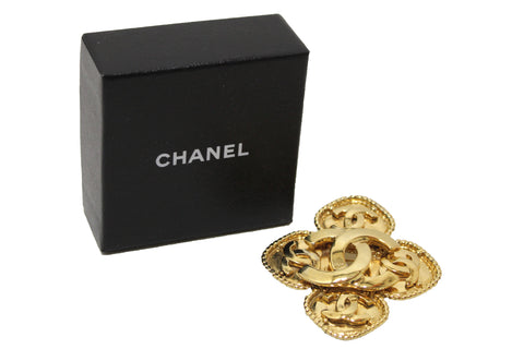 Authentic Chanel Vintage Gold Toned CC Clover Brooch