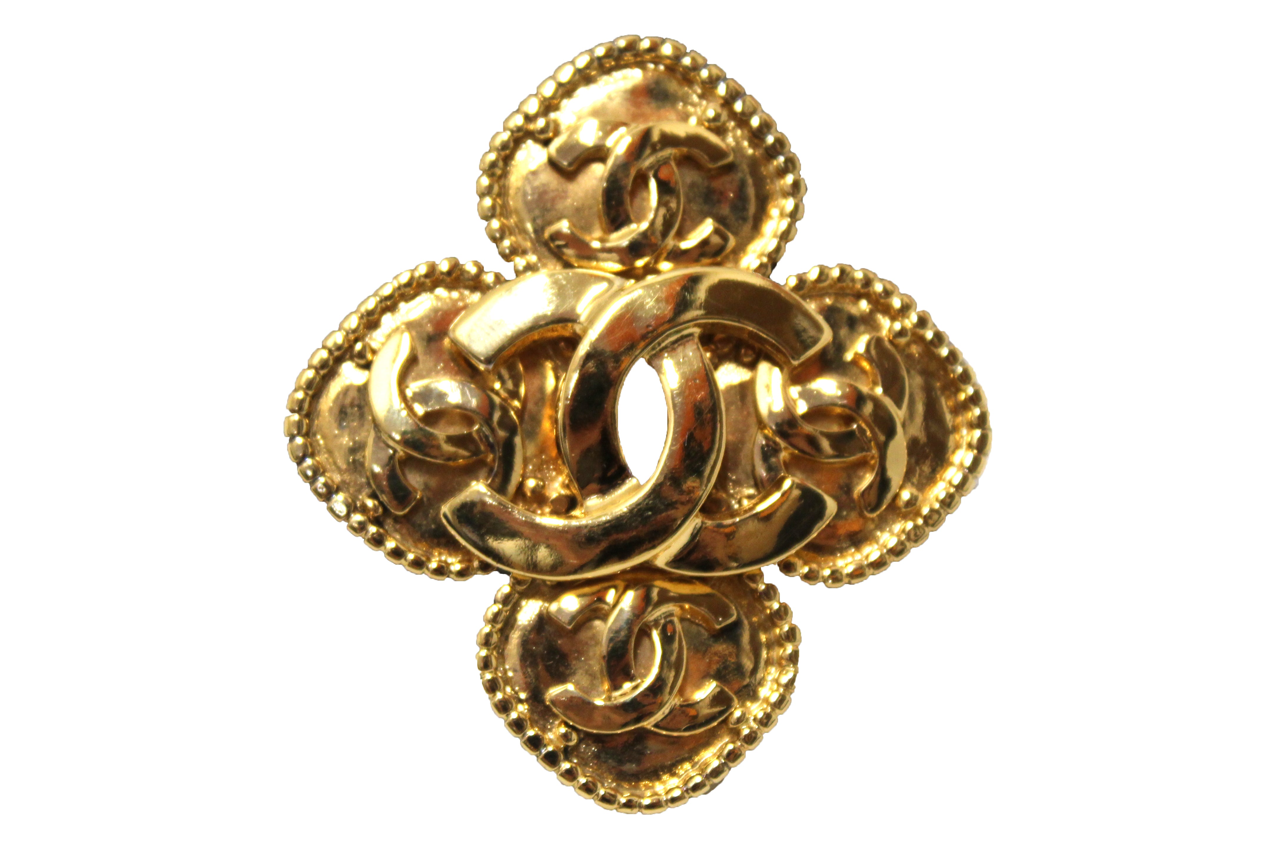 Authentic Chanel Vintage Gold Toned CC Clover Brooch