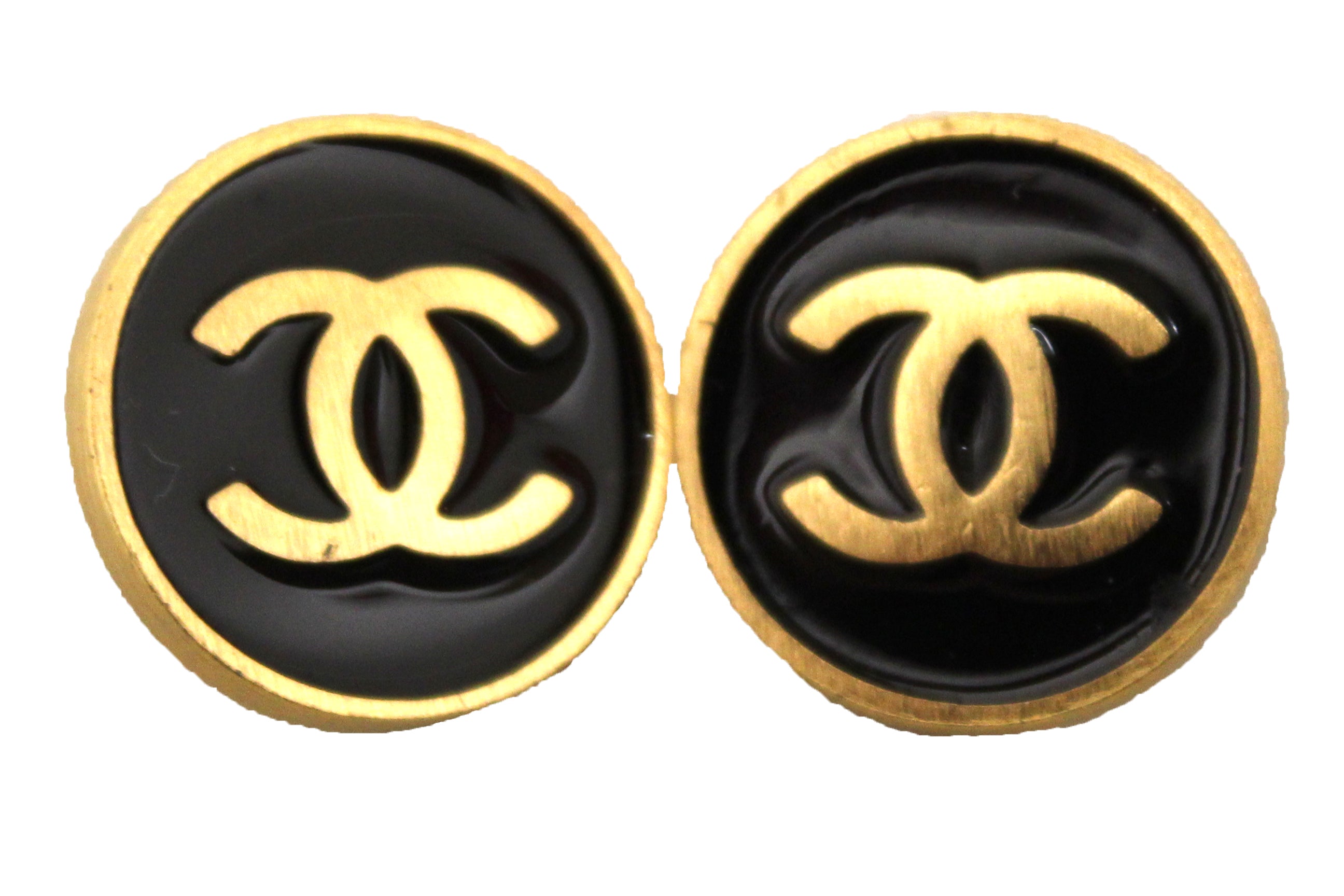 Authentic Chanel Vintage Gold Plated Black Enamel CC Round Clip-On Earrings