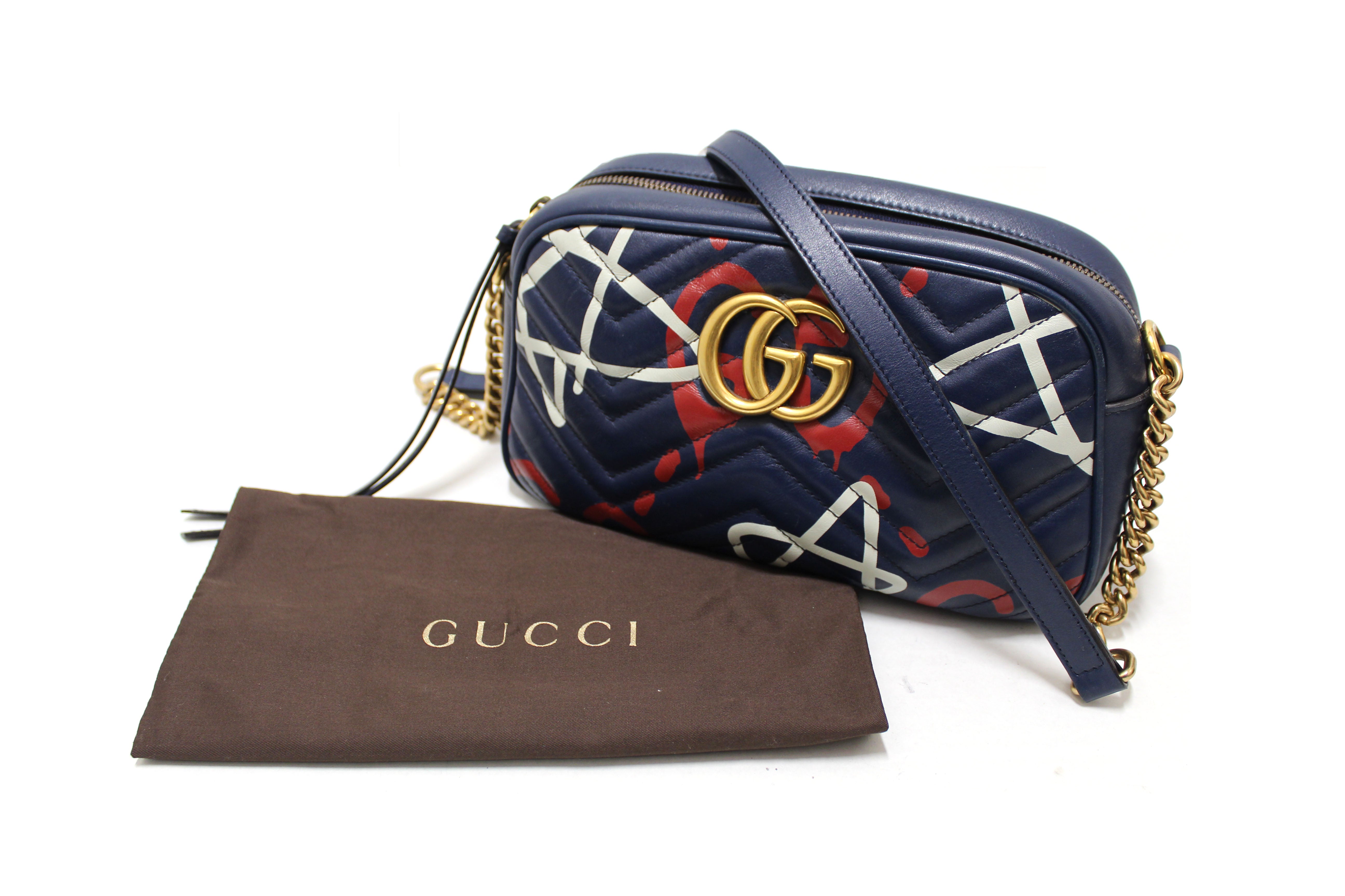 Authentic Gucci Blue Ghost Print Marmont 447632 Messenger Crossbody Bag