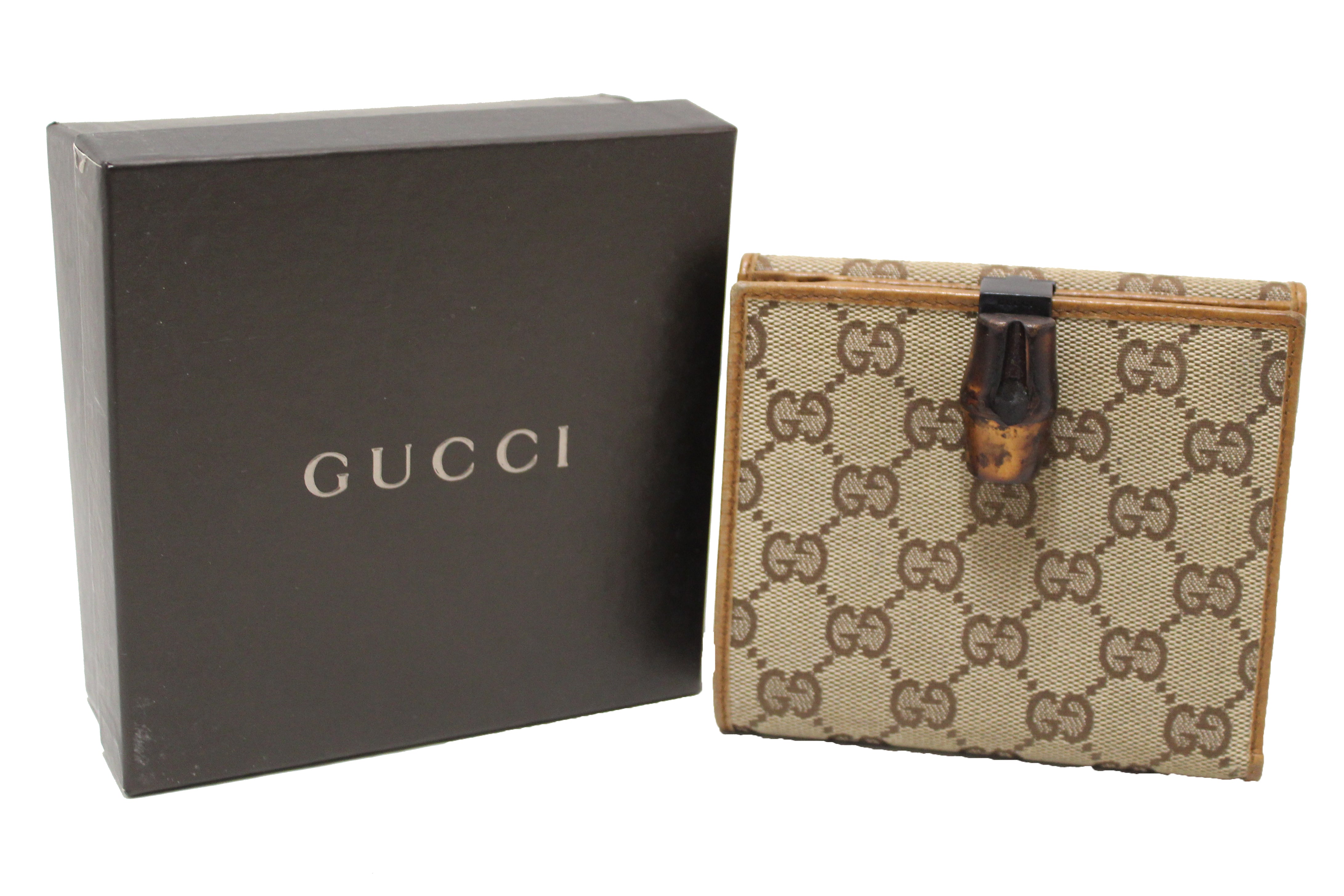 Authentic Gucci Brown GG Vintage Bamboo Bilfold Wallet