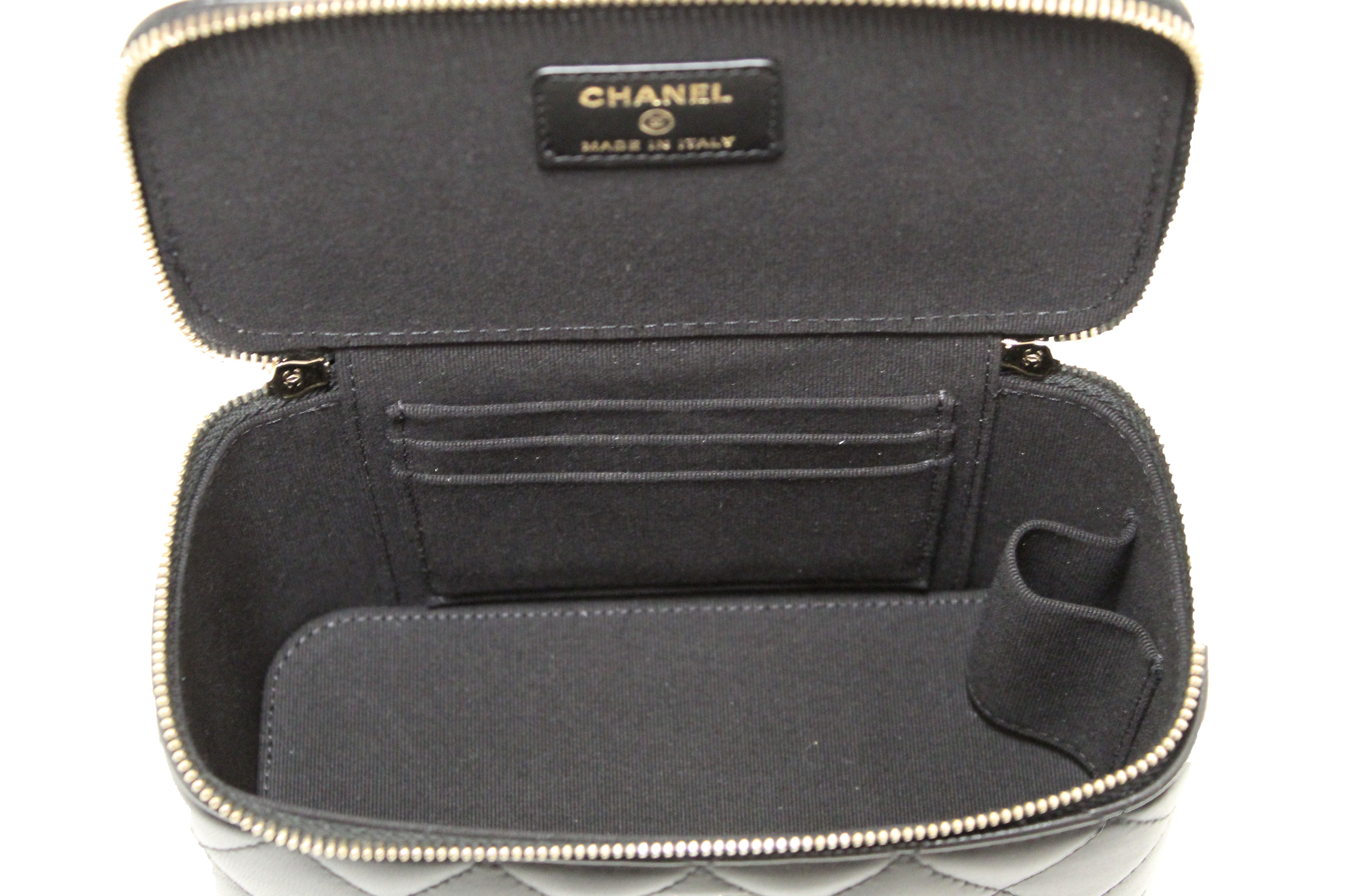 Authentic NEW Chanel Black Quilted Lambskin Leather Top Handle Vanity Case with Chain
