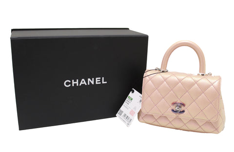 Authentic NEW Chanel Iridescent Light Pink Quilted Caviar Leather Extra Mini Coco Handle Flap Bag