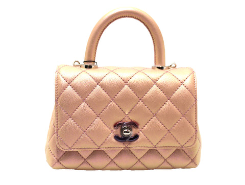 Authentic NEW Chanel Iridescent Light Pink Quilted Caviar Leather Extra Mini Coco Handle Flap Bag