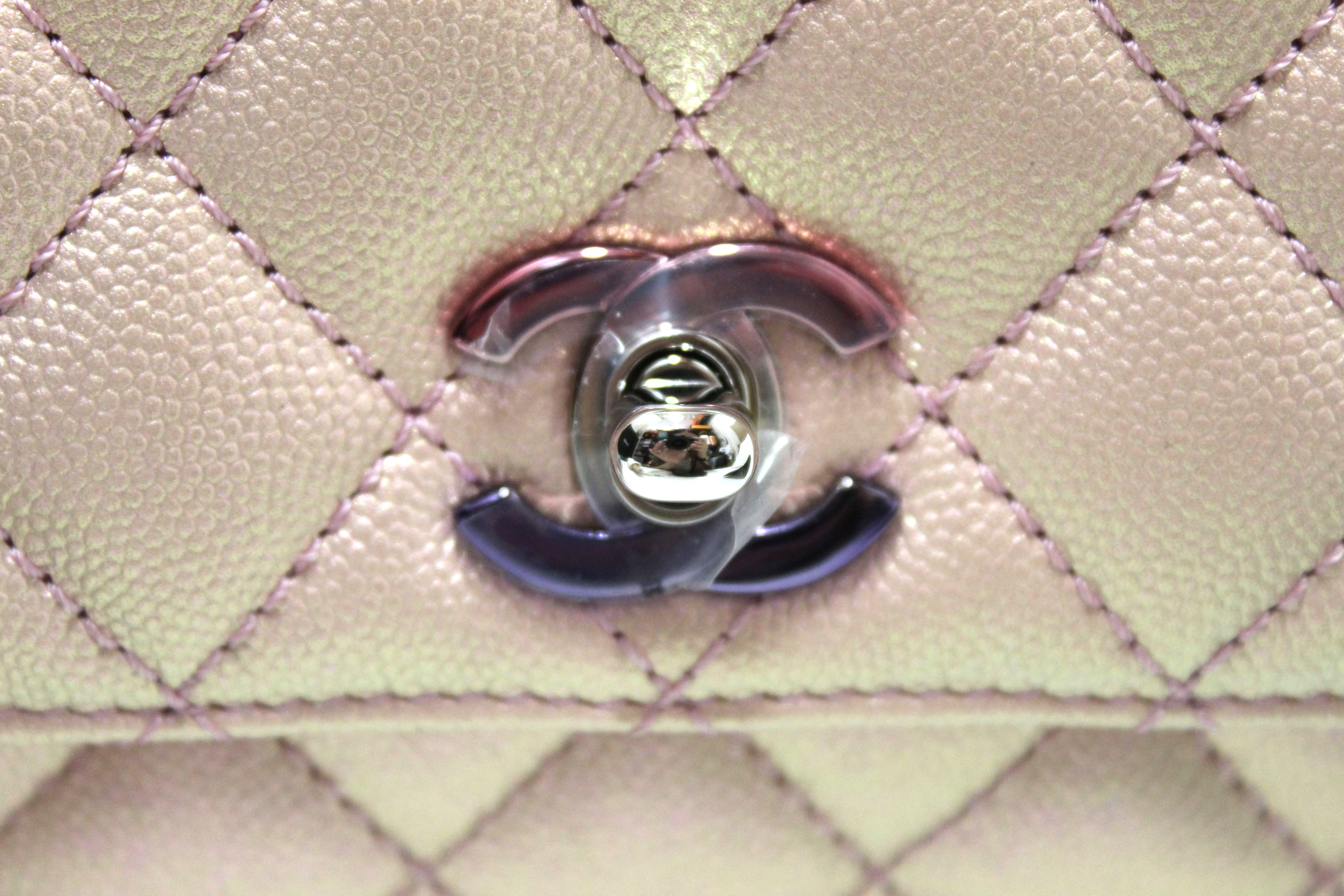 Authentic NEW Chanel Iridescent Light Pink Quilted Caviar Leather Extra Mini Coco Handle Flap Bag