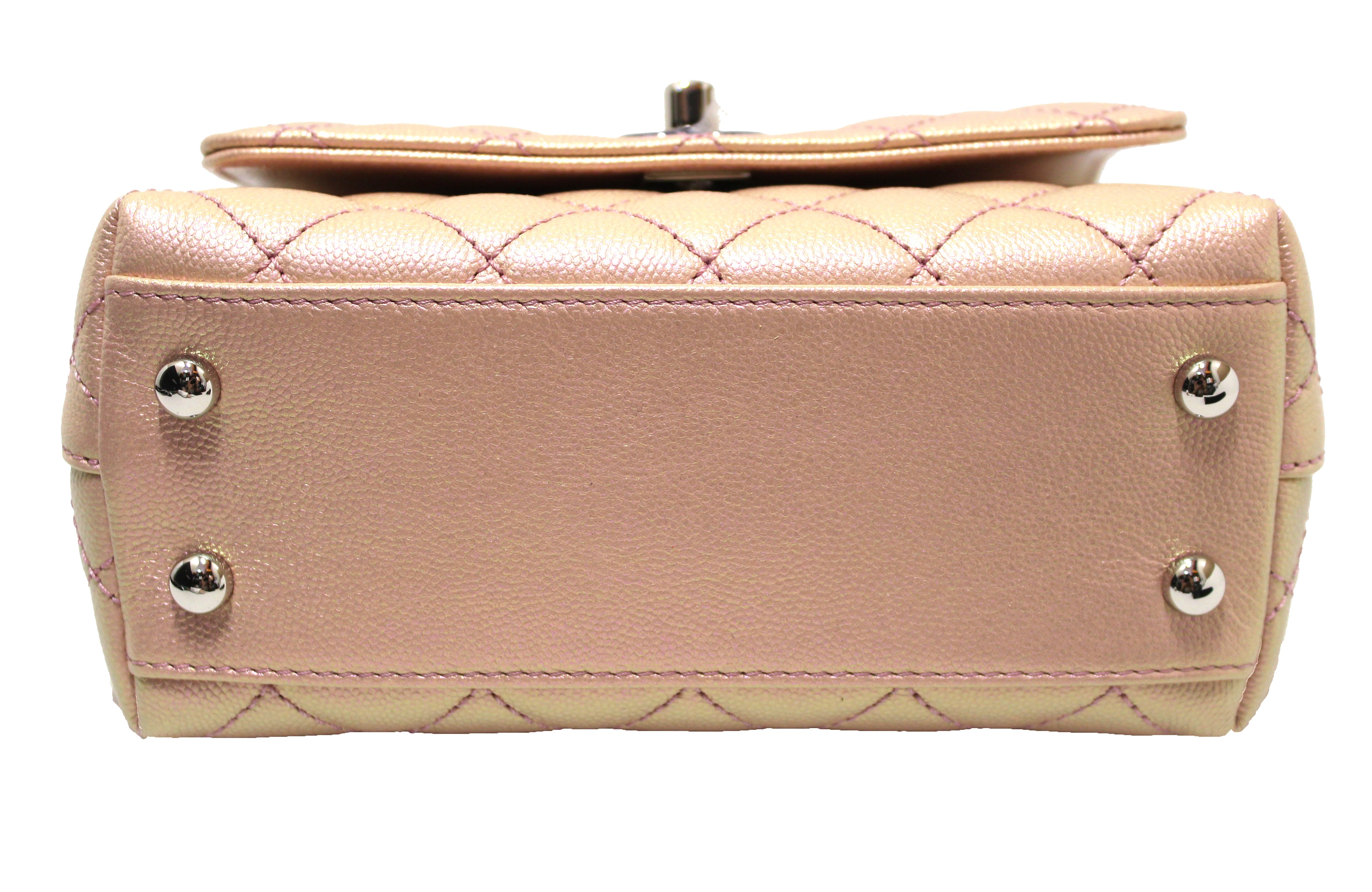 Authentic NEW Chanel Iridescent Light Pink Quilted Caviar Leather Extra Mini Coco Handle Flap Bag