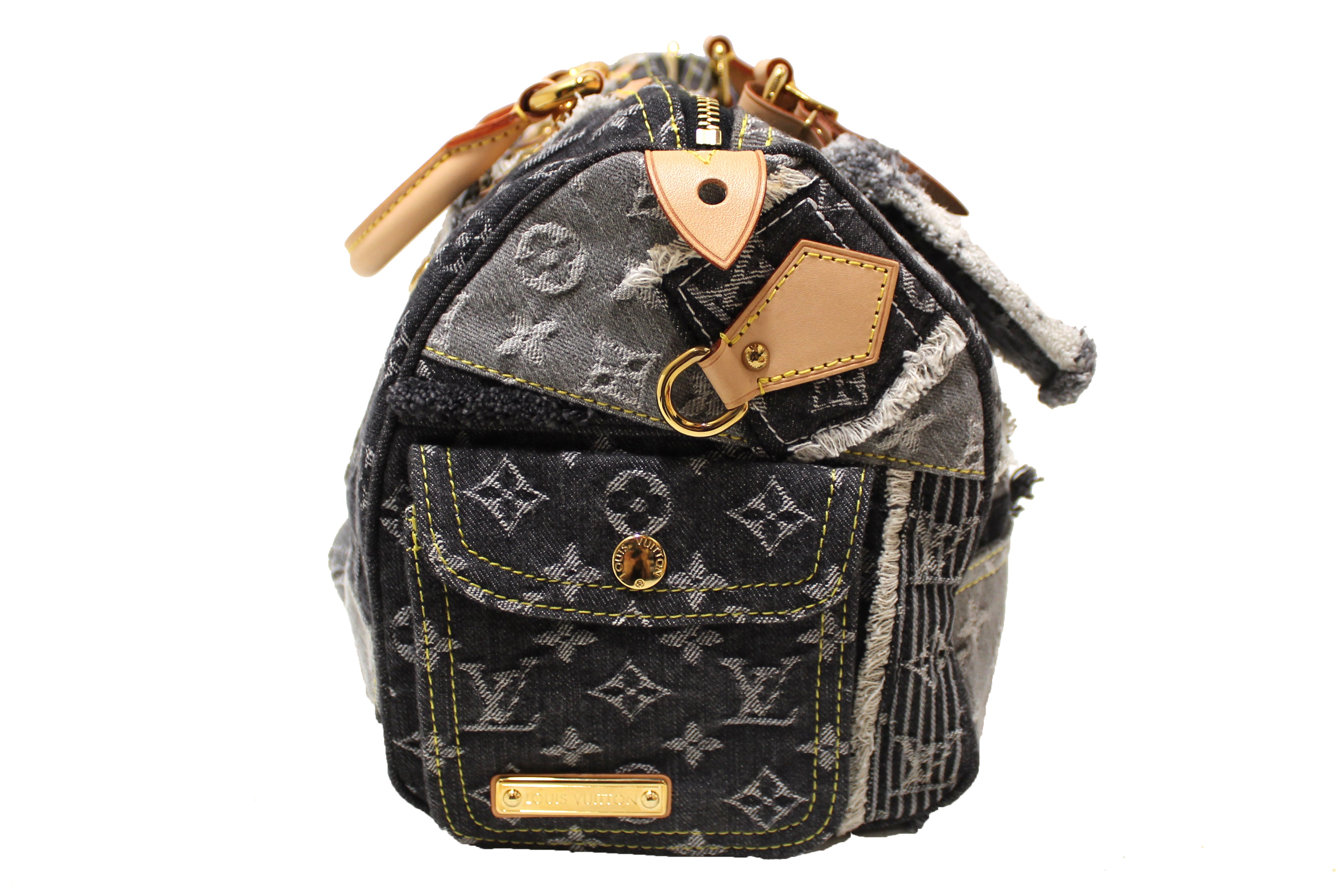 Authentic Louis Vuitton Limited Edition Black Monogram Denim Patchwork Speedy 30 Handbag