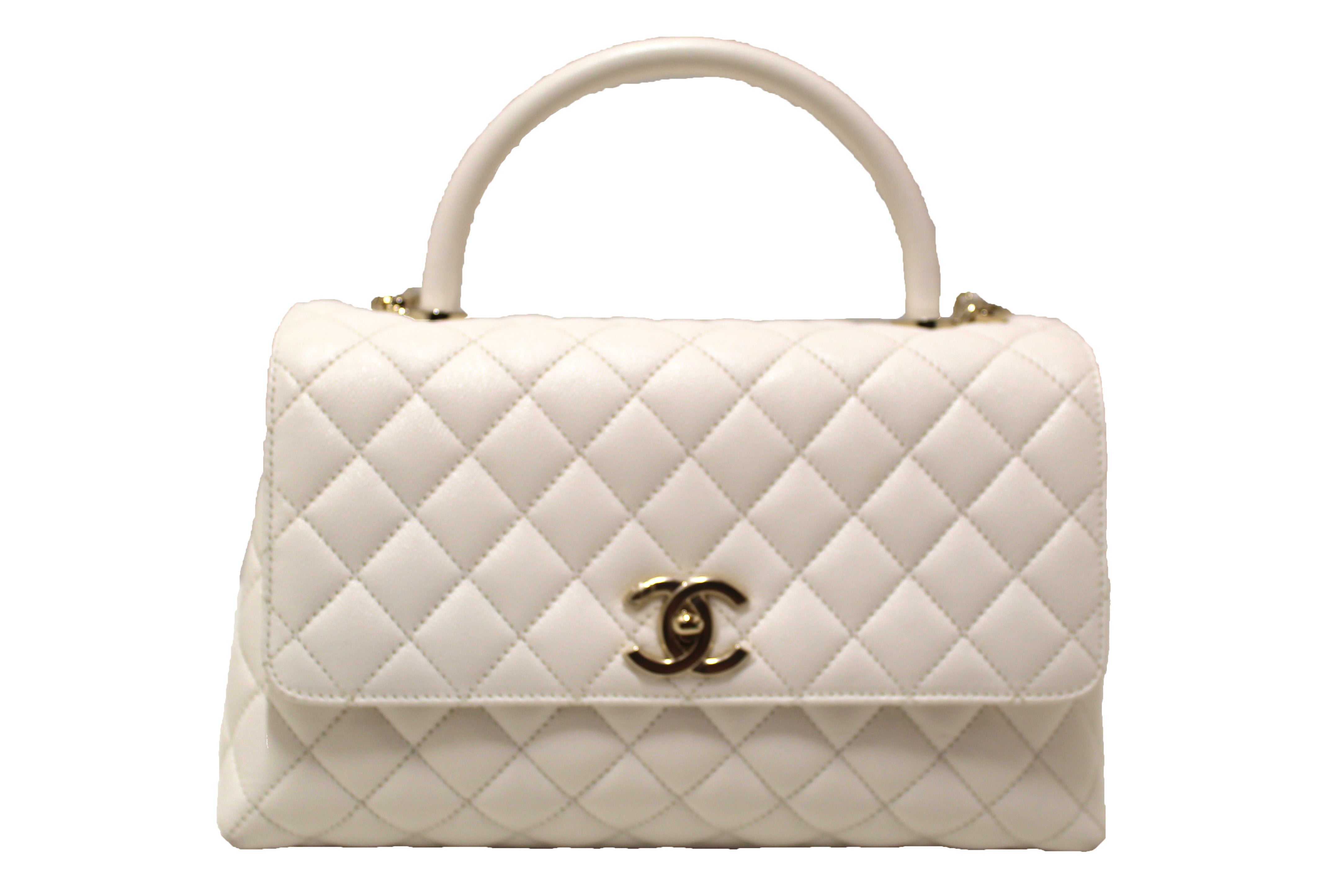 Authentic Chanel White Quilted Caviar Leather Medium CoCo Handle Flap Bag