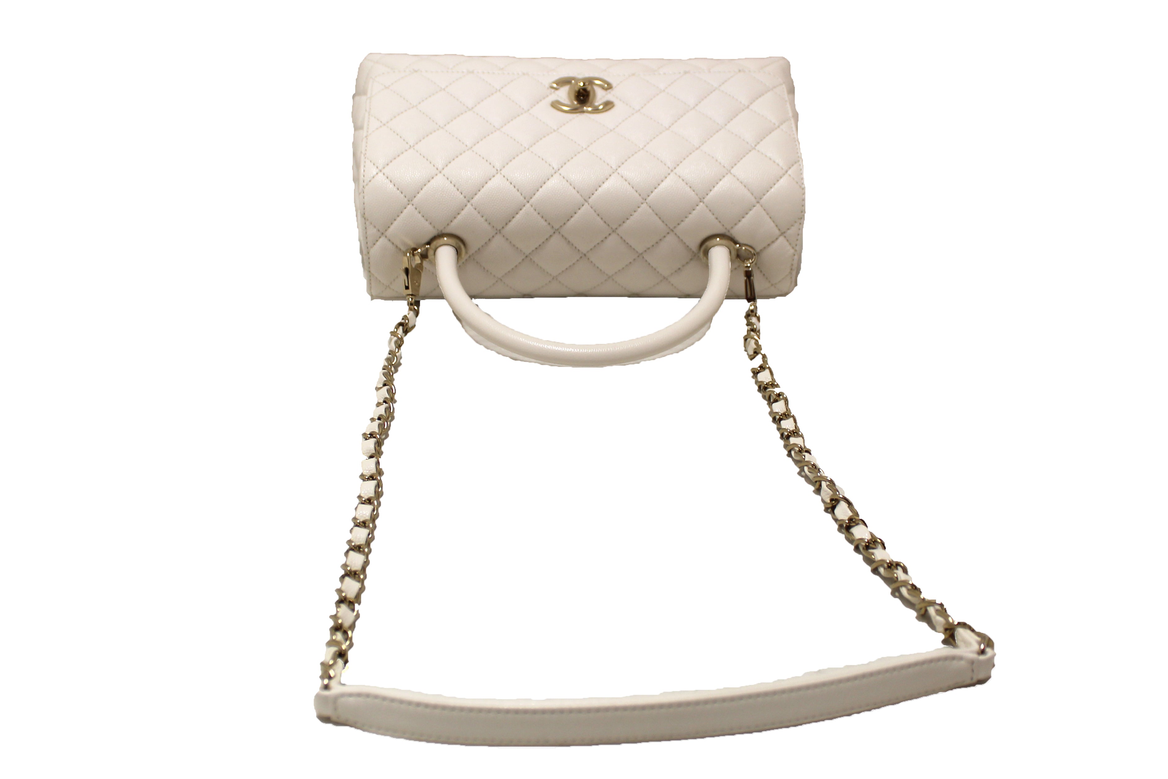 Authentic Chanel White Quilted Caviar Leather Medium CoCo Handle Flap Bag