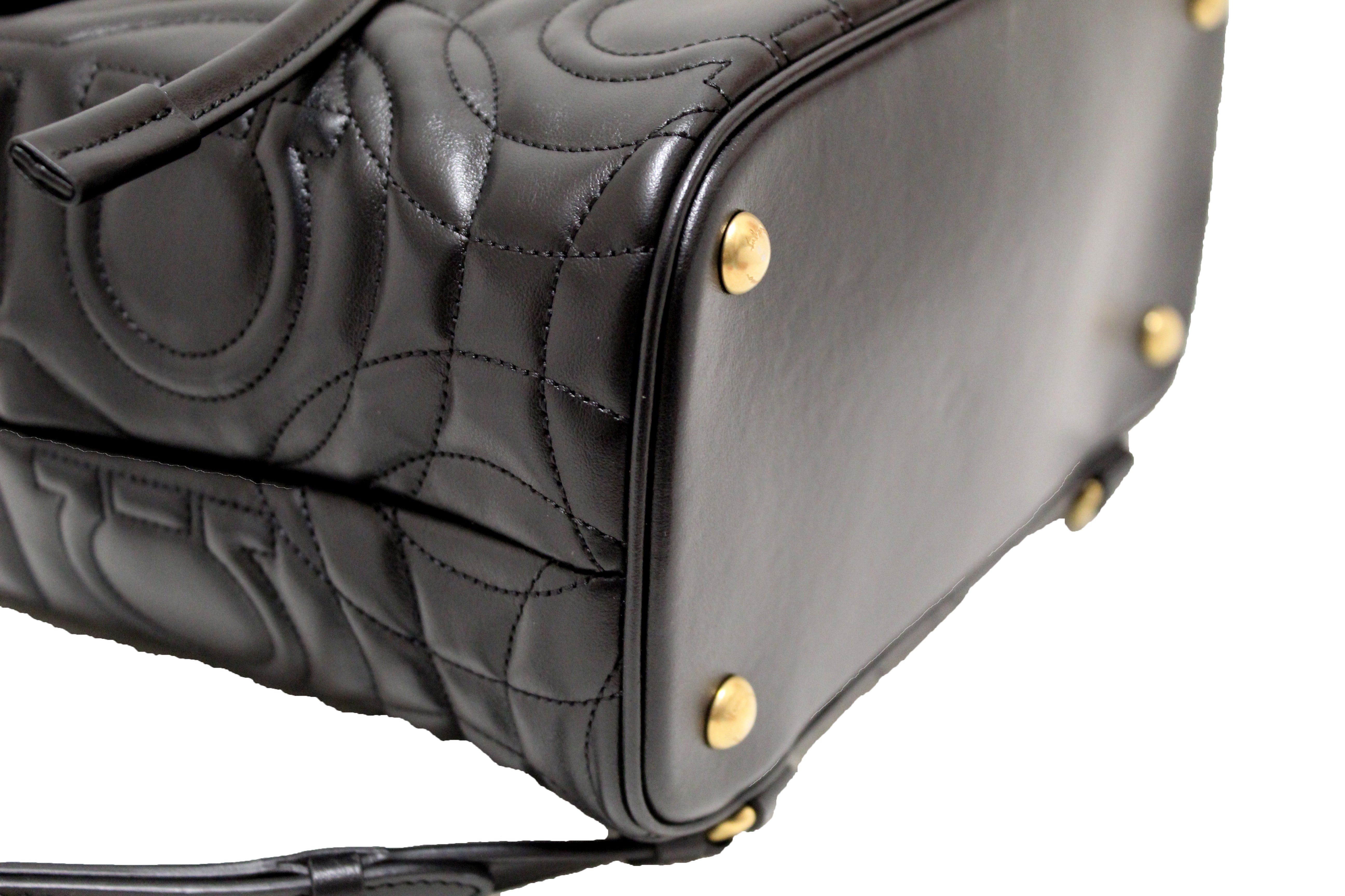 Authentic Salvatore Ferragamo Black Gancini Quilted Leather Medium Backpack