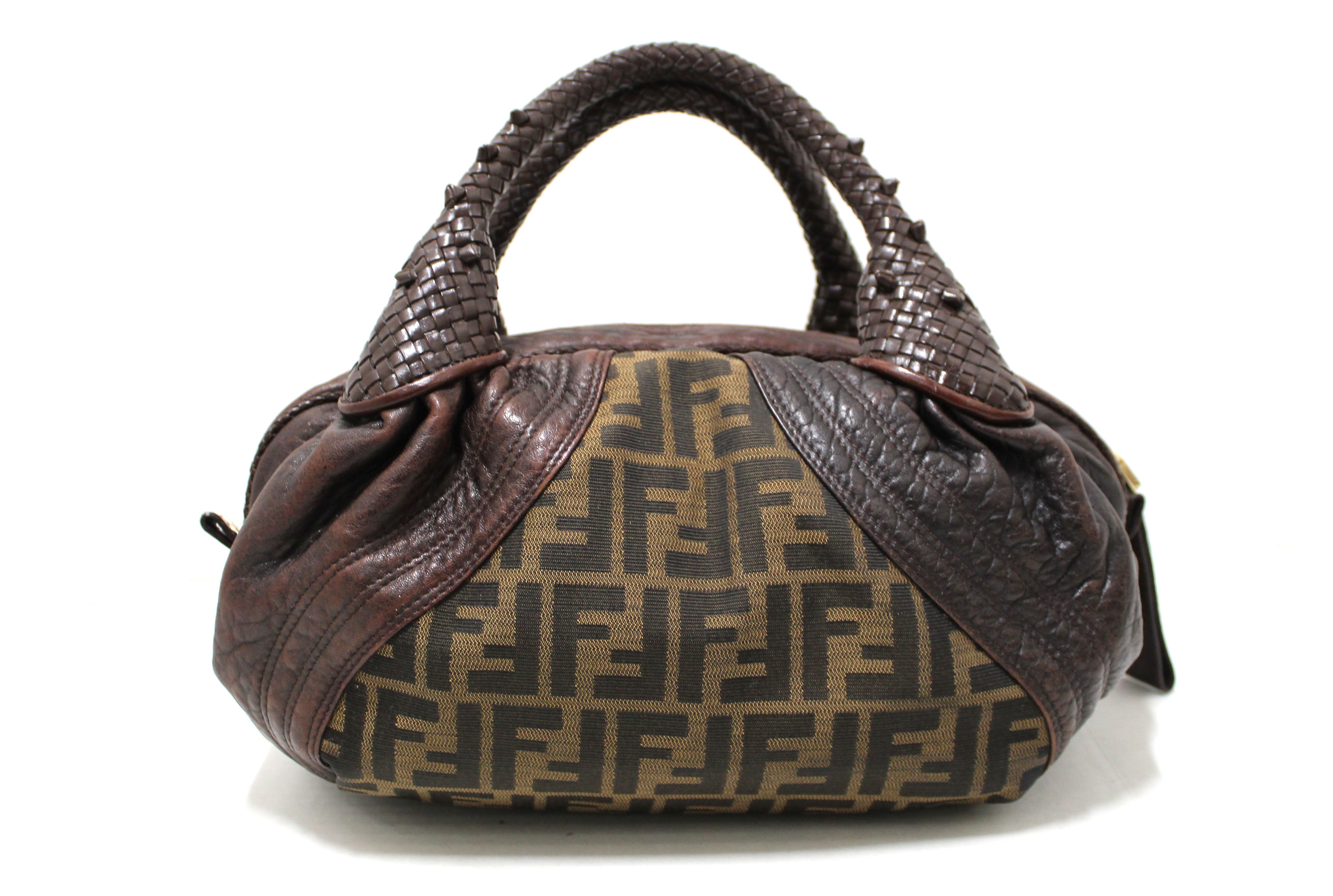 Authentic Fendi Brown Leather Zucca FF Logo Mini Baby Small Spy Handbag Bag