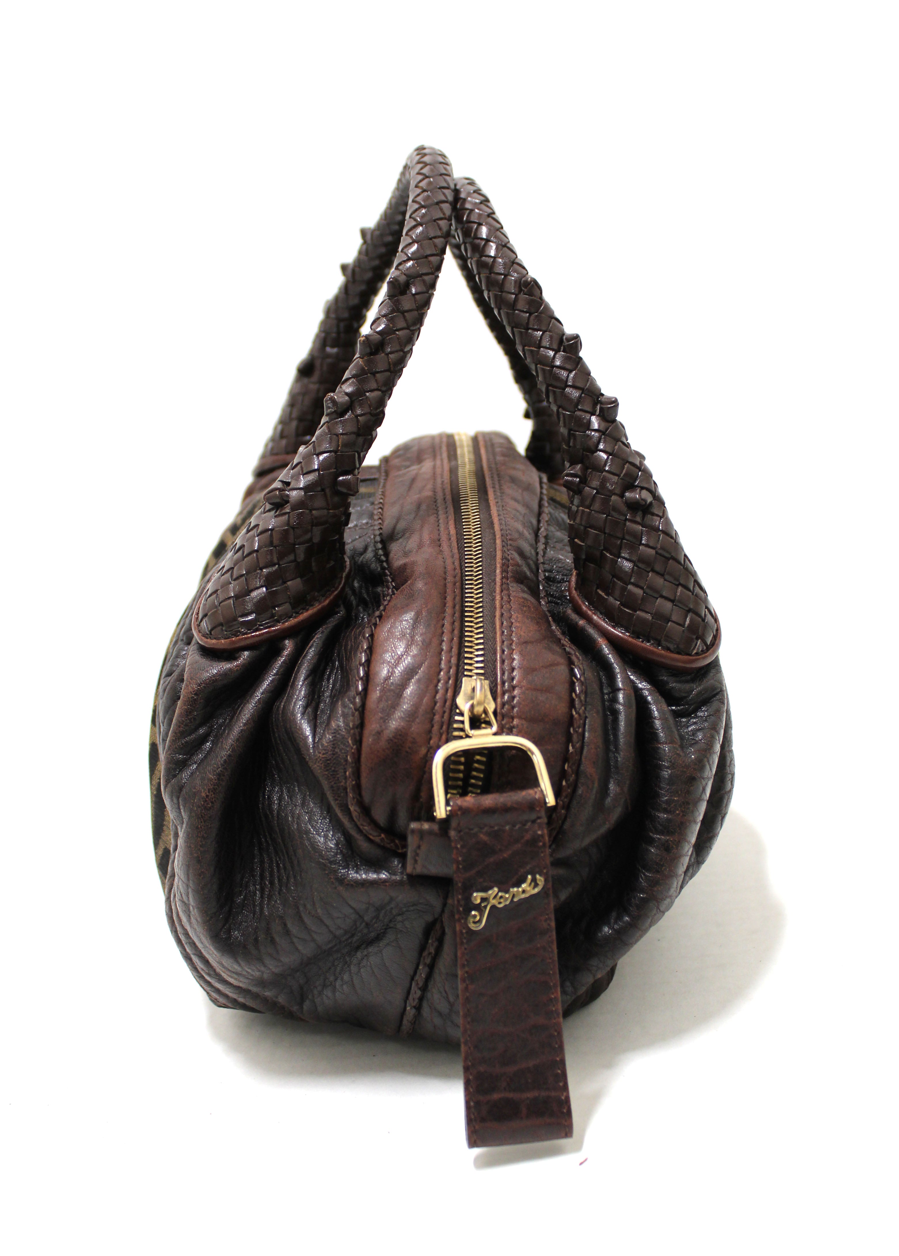 Authentic Fendi Brown Leather Zucca FF Logo Mini Baby Small Spy Handbag Bag